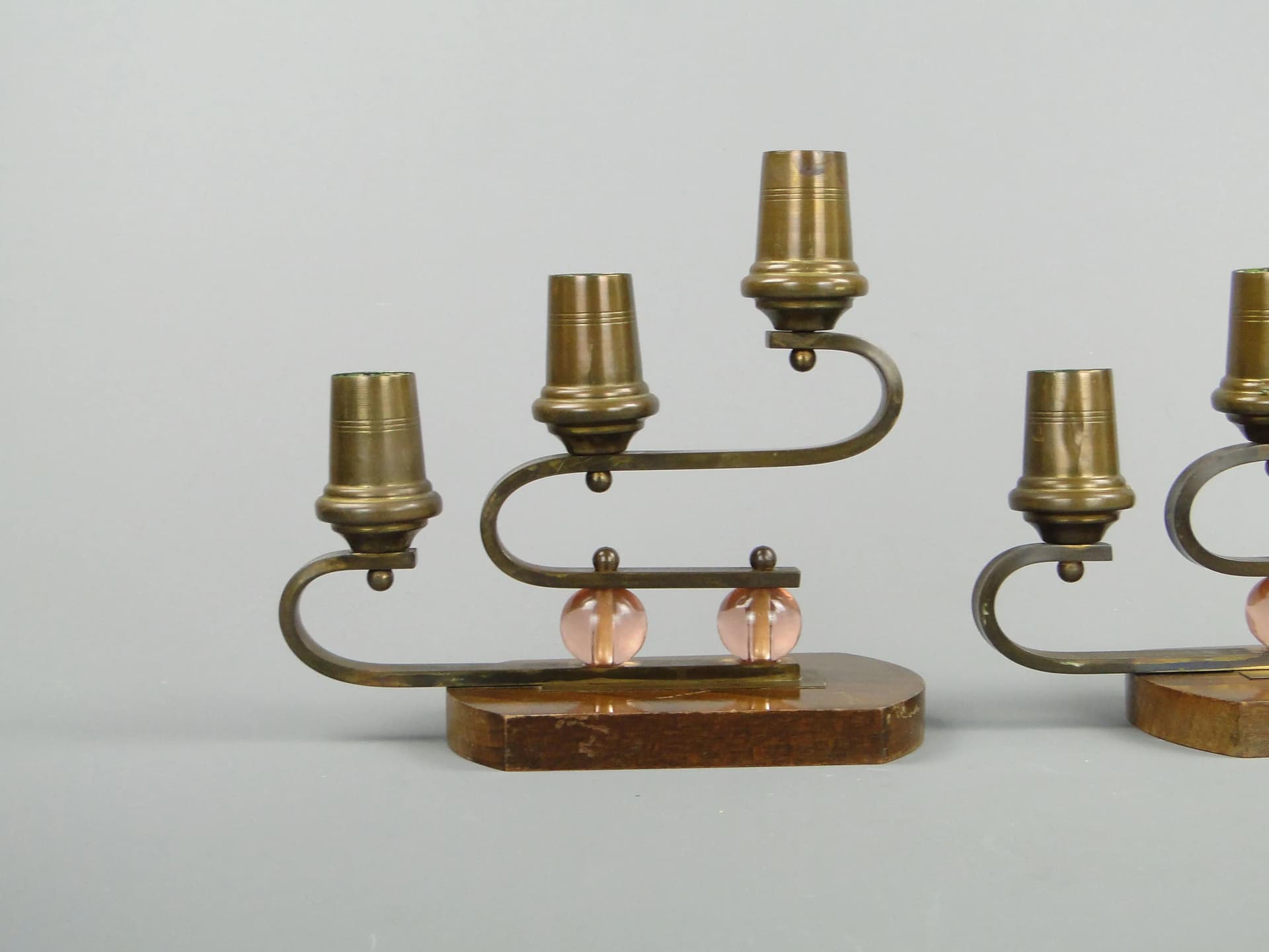 Para świeczników Art déco, orzech brązowy, mosiądz, szkło, Niemcy, lata 40. - 29154