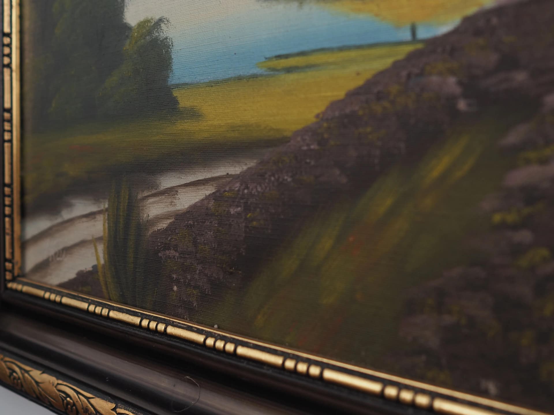 Painting Landscape with Hills, olive, oil on canvas, wood frame, by V. Kier, Sweden, 1970s. - 29592