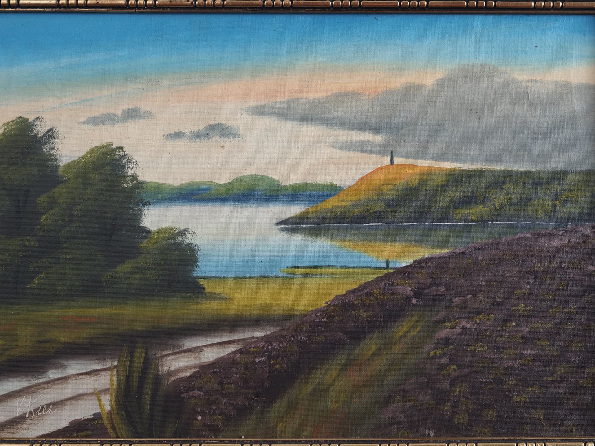 Painting Landscape with Hills, olive, oil on canvas, wood frame, by V. Kier, Sweden, 1970s. - 64762