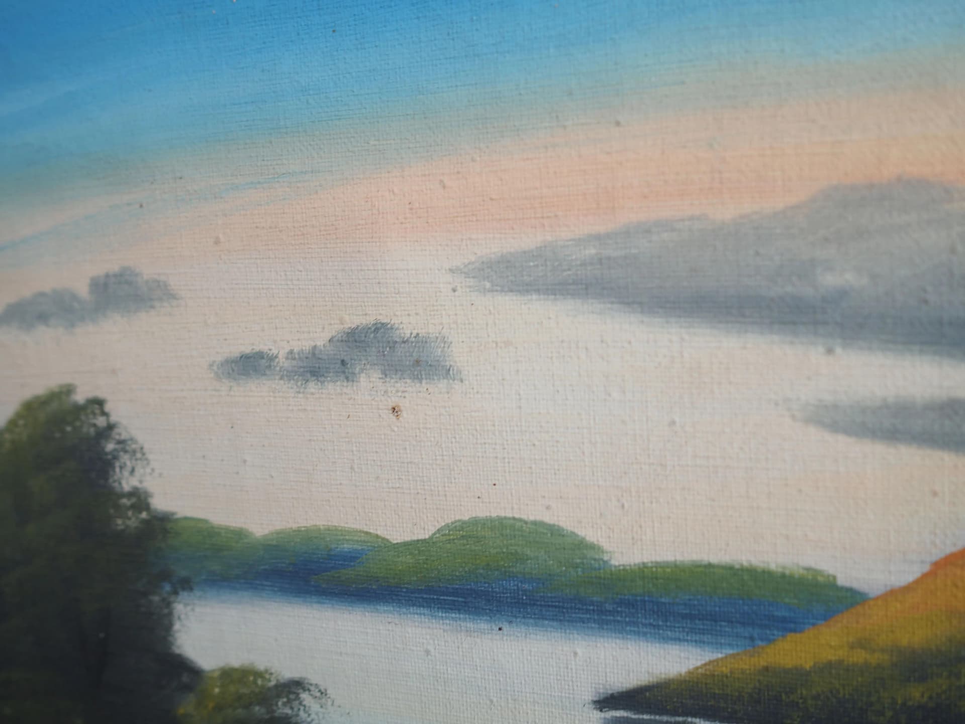 Painting Landscape with Hills, olive, oil on canvas, wood frame, by V. Kier, Sweden, 1970s. - 29594