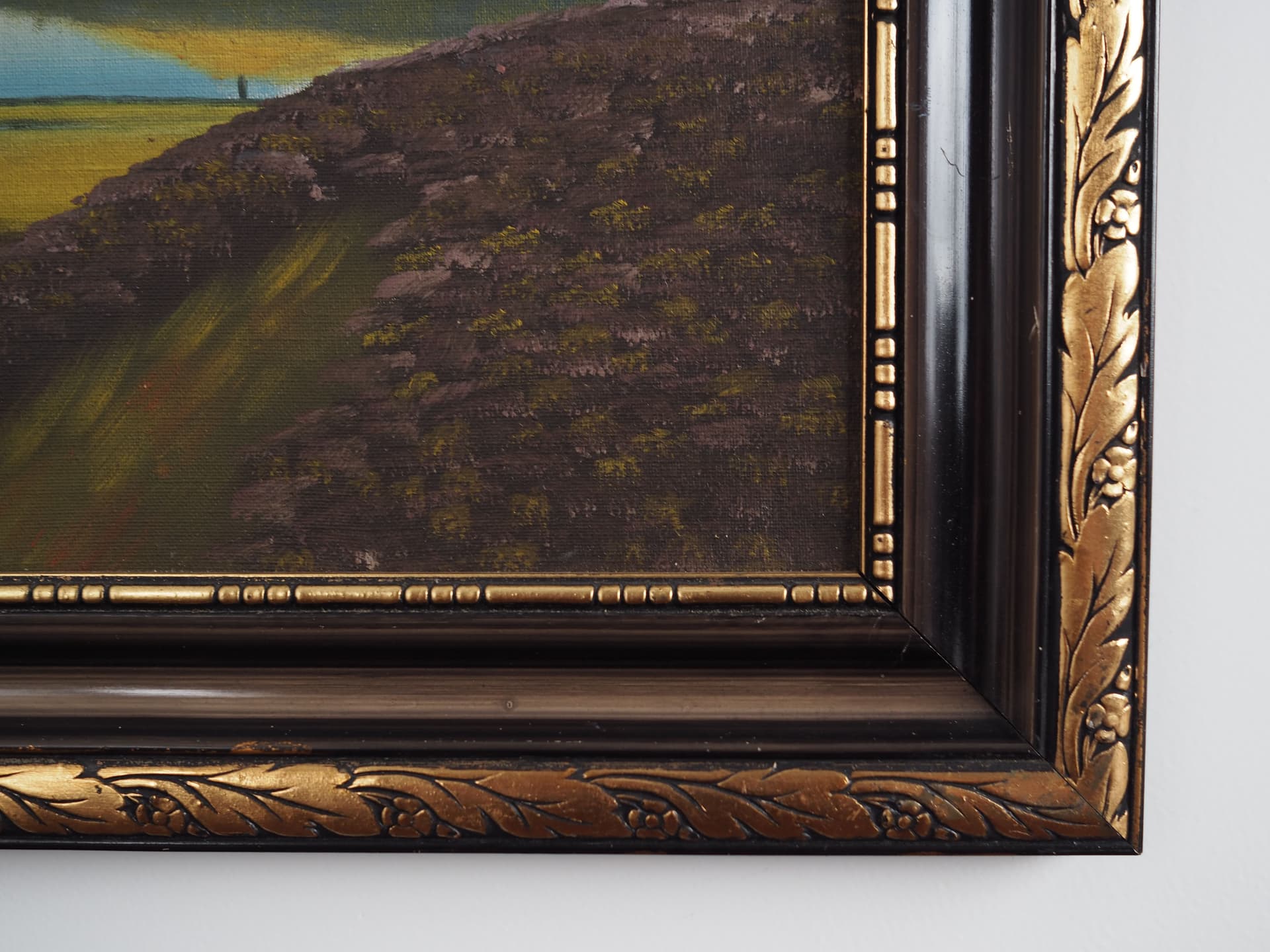 Painting Landscape with Hills, olive, oil on canvas, wood frame, by V. Kier, Sweden, 1970s. - 64763