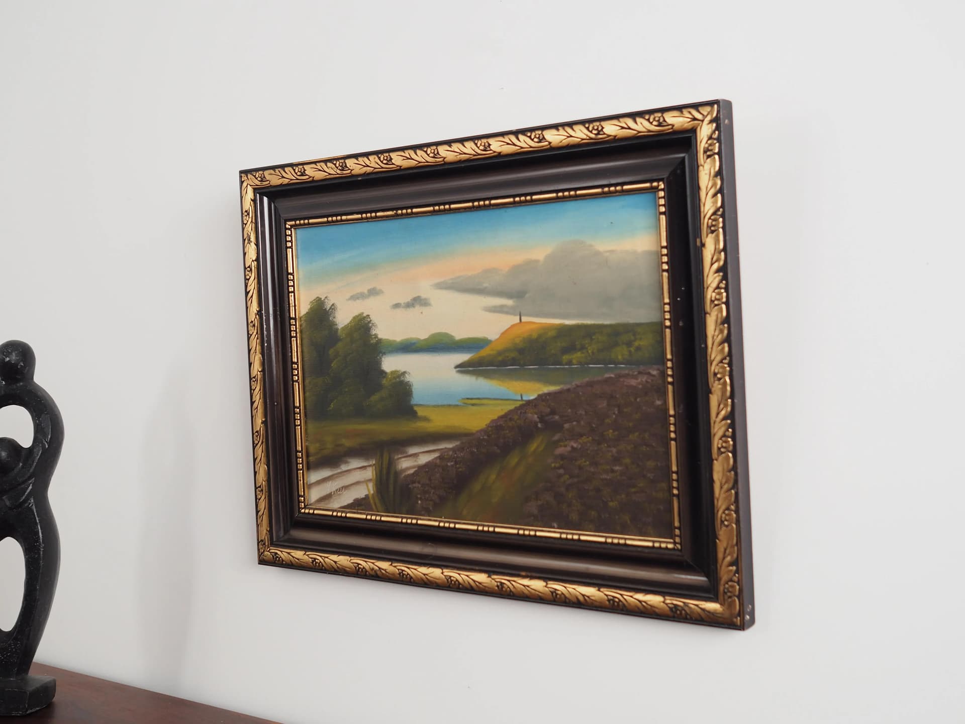 Painting Landscape with Hills, olive, oil on canvas, wood frame, by V. Kier, Sweden, 1970s. - 29590