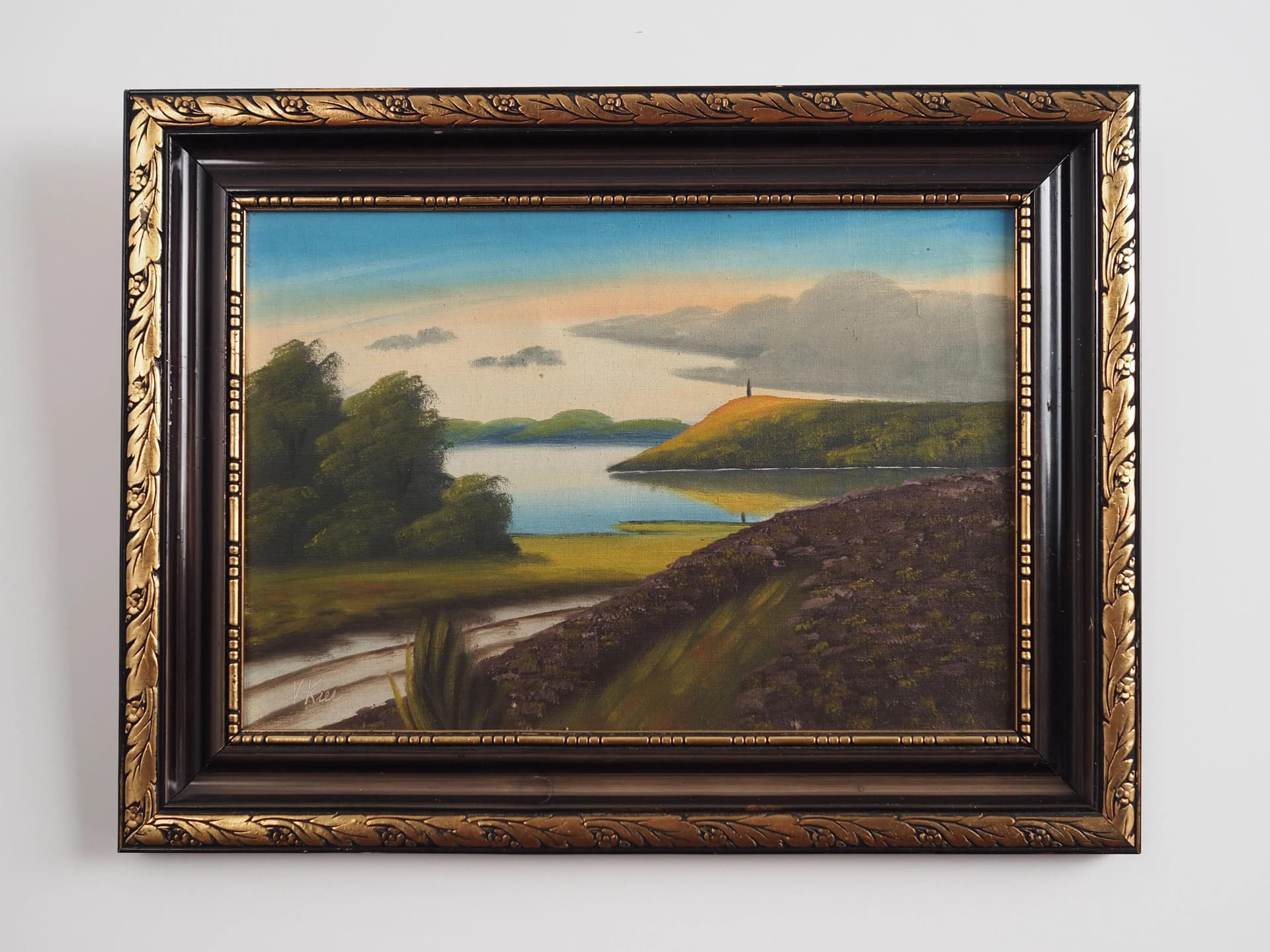 Painting Landscape with Hills, olive, oil on canvas, wood frame, by V. Kier, Sweden, 1970s. - 29597