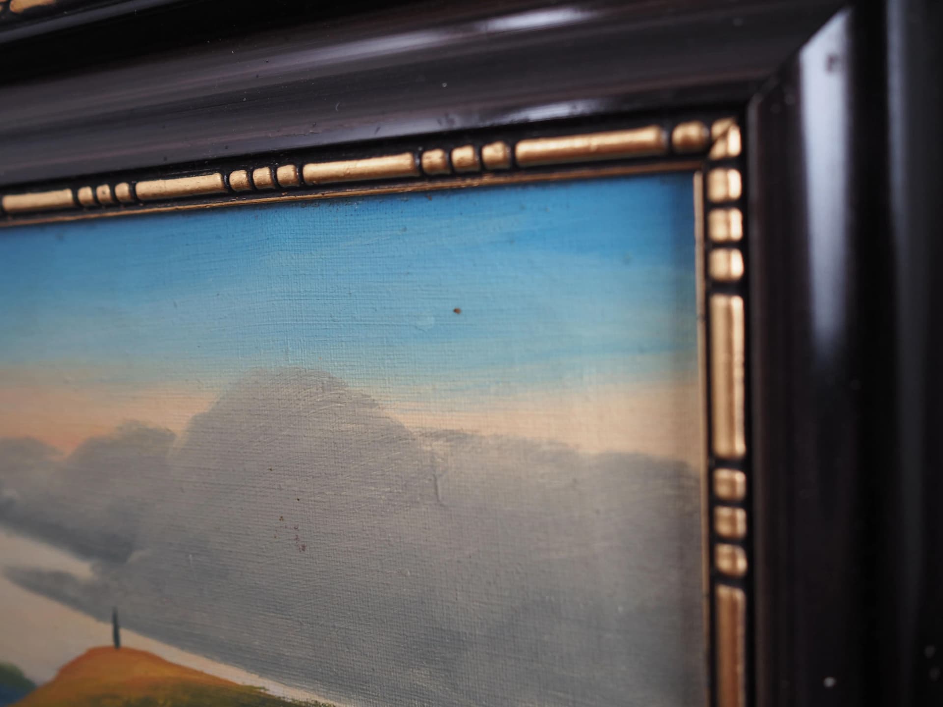 Painting Landscape with Hills, olive, oil on canvas, wood frame, by V. Kier, Sweden, 1970s. - 29593