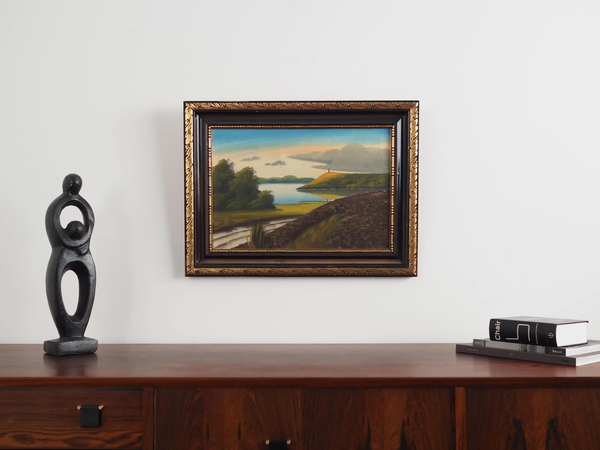 Painting Landscape with Hills, olive, oil on canvas, wood frame, by V. Kier, Sweden, 1970s. - 29589