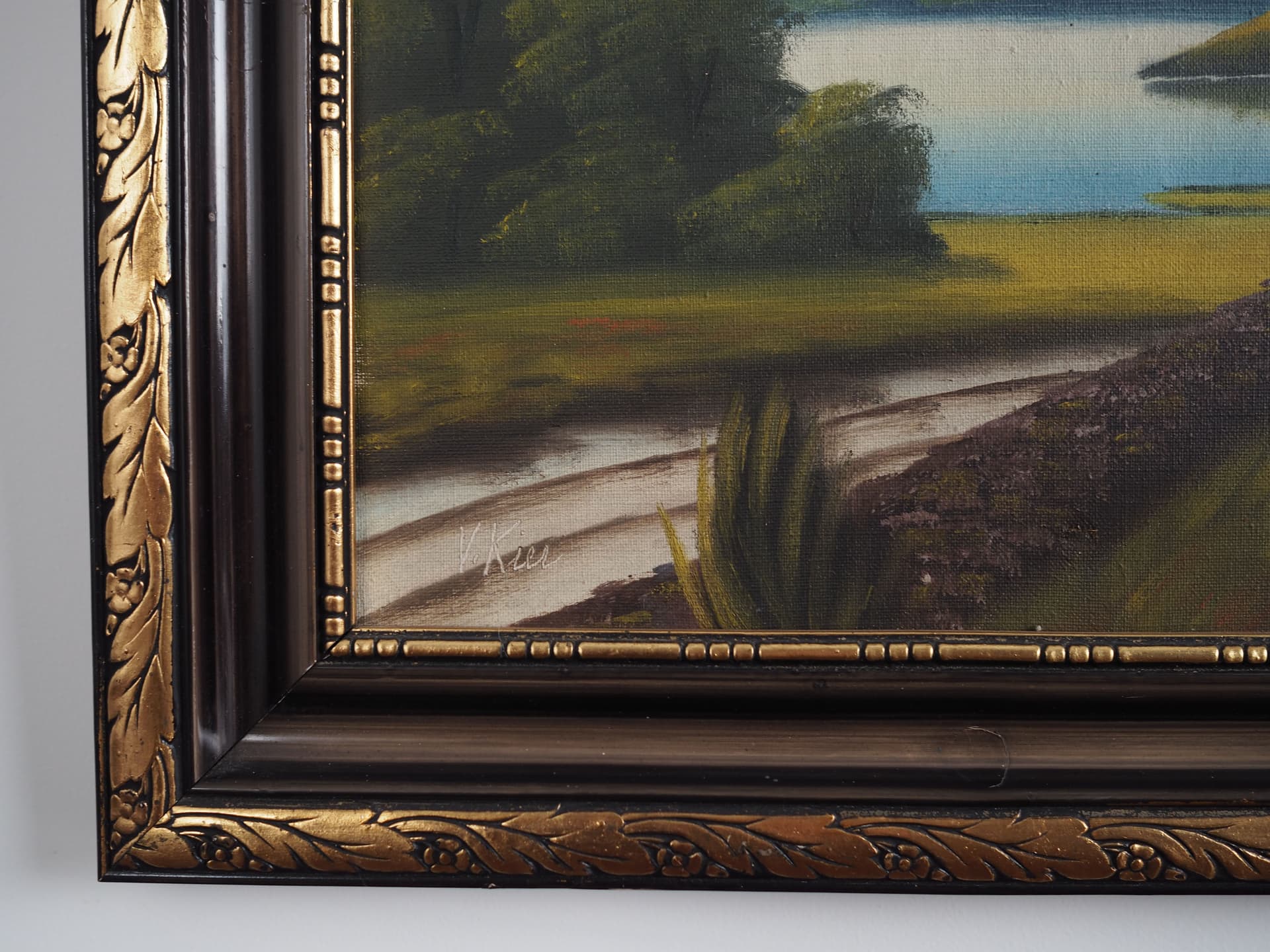 Painting Landscape with Hills, olive, oil on canvas, wood frame, by V. Kier, Sweden, 1970s. - 64759