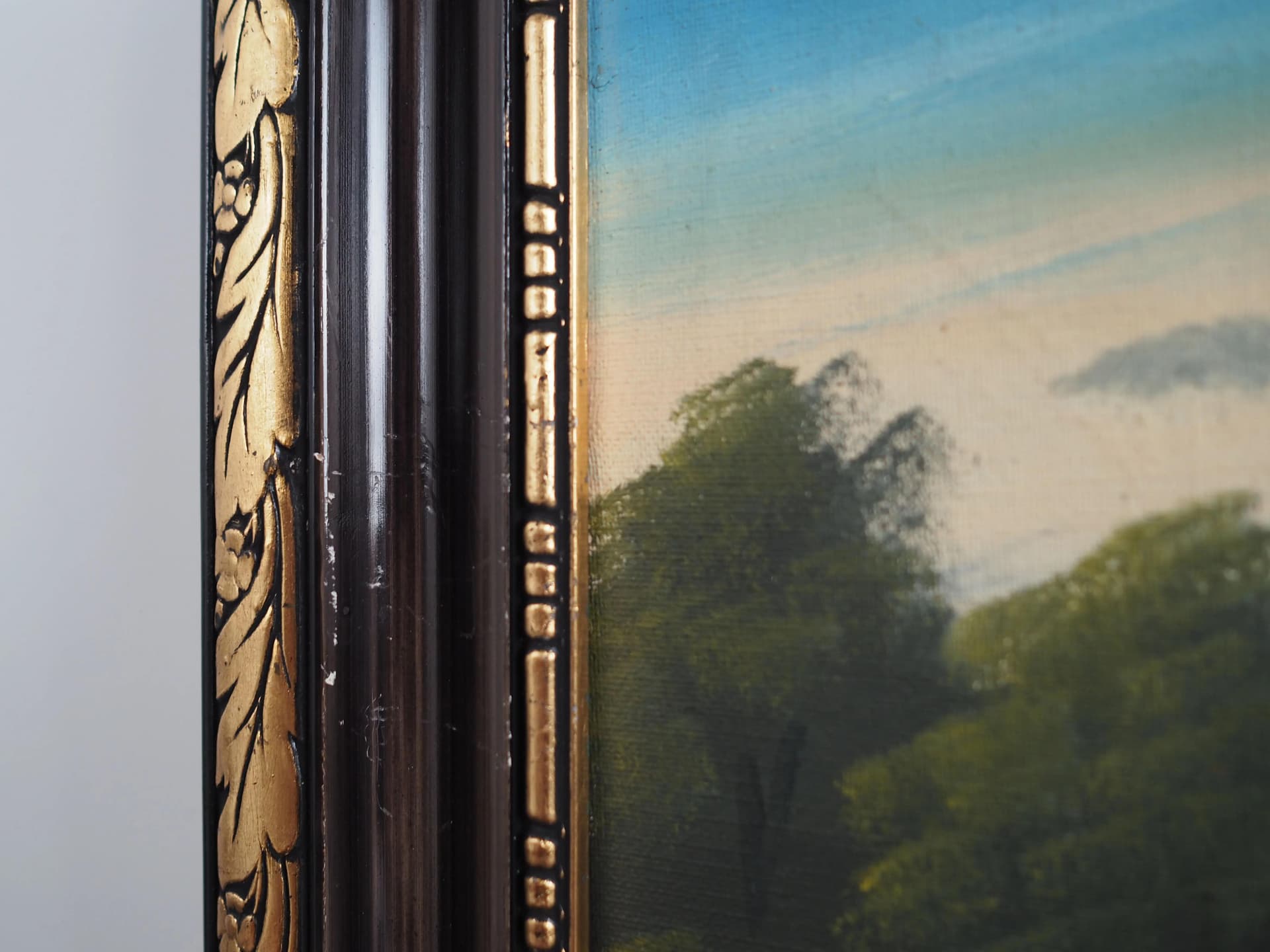 Painting Landscape with Hills, olive, oil on canvas, wood frame, by V. Kier, Sweden, 1970s. - 29595