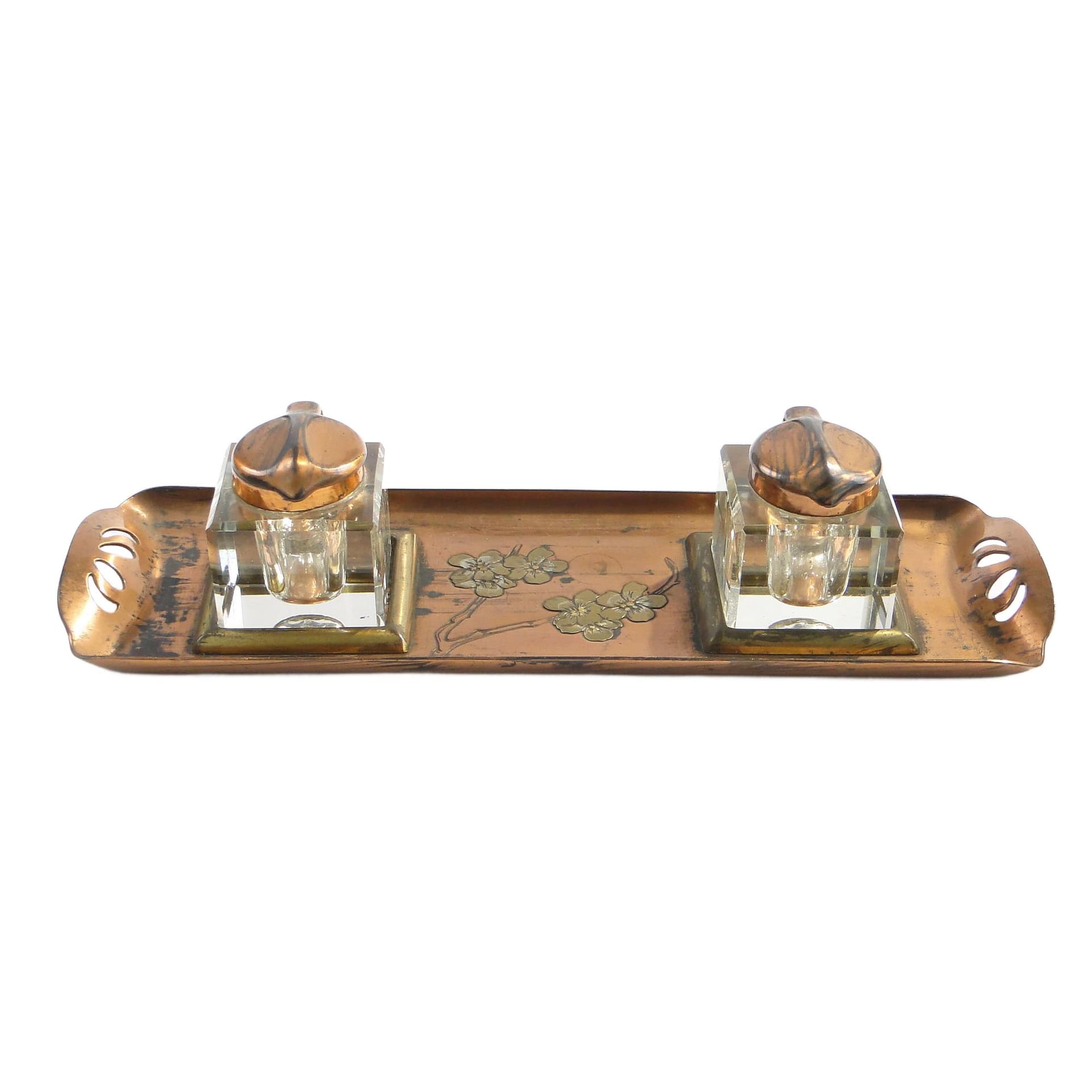 Inkstand Art Nouveau, transparent crystal, copper, Austria, early 20th c.