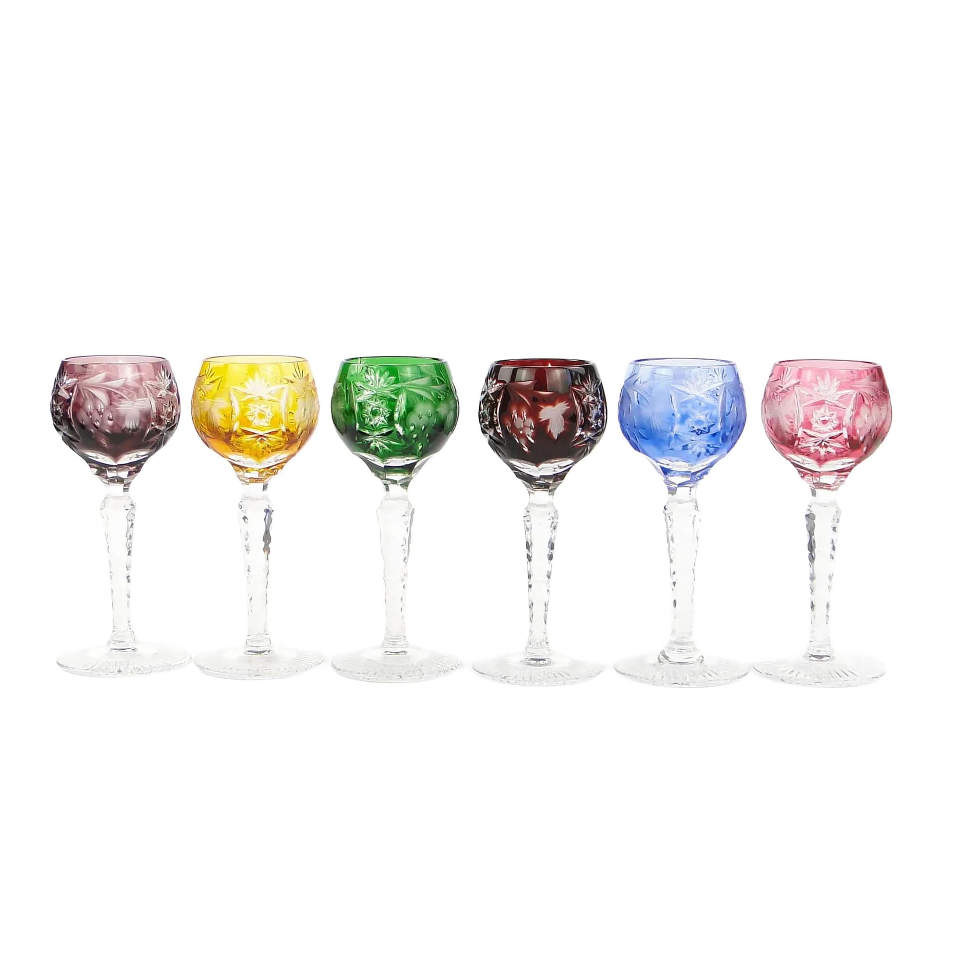 Set of liqueur glasses, Art Deco, multicolor, crystal, Poland, 1920s