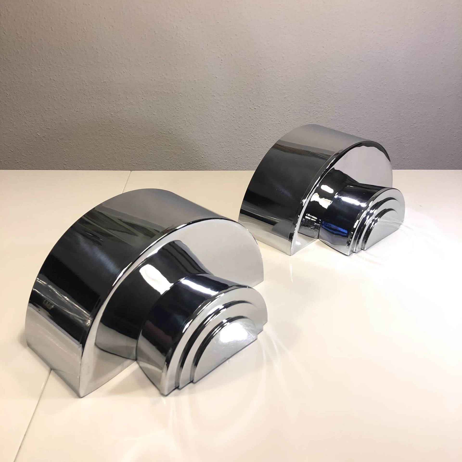 Pair of Art Deco wall sconces, silver chrome-plated brass, Germany, 1960s. - 29988