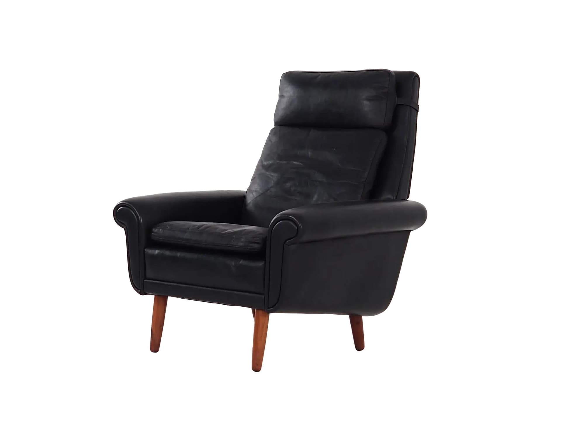 Armchair, black leather, brown rosewood, Denmark, 1970s.