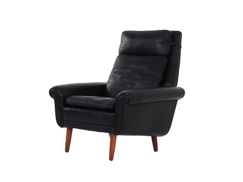 Armchair, black leather, brown rosewood, Denmark, 1970s.