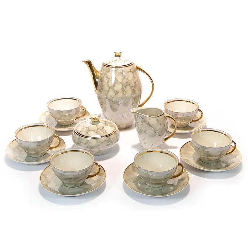 Kremowobiały, marmurkowy serwis kawowy z porcelany ze złoceniami, proj. W. Potacki dla Karolina, Polska, lata 60. - 30081