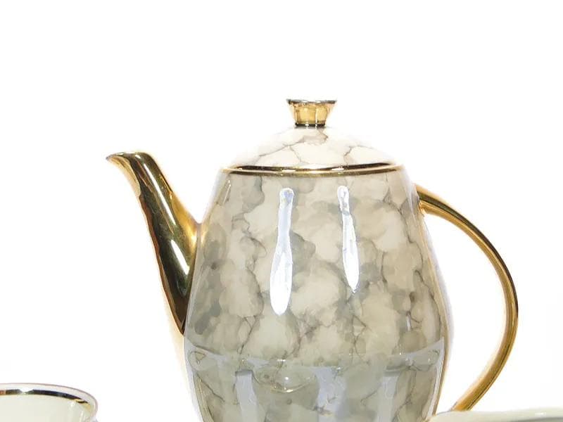 Kremowobiały, marmurkowy serwis kawowy z porcelany ze złoceniami, proj. W. Potacki dla Karolina, Polska, lata 60. - 30084