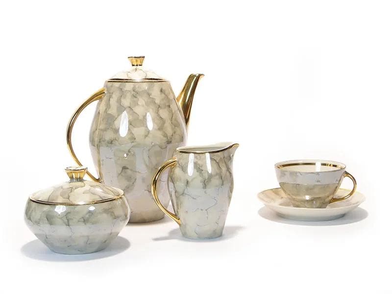 Kremowobiały, marmurkowy serwis kawowy z porcelany ze złoceniami, proj. W. Potacki dla Karolina, Polska, lata 60. - 30087
