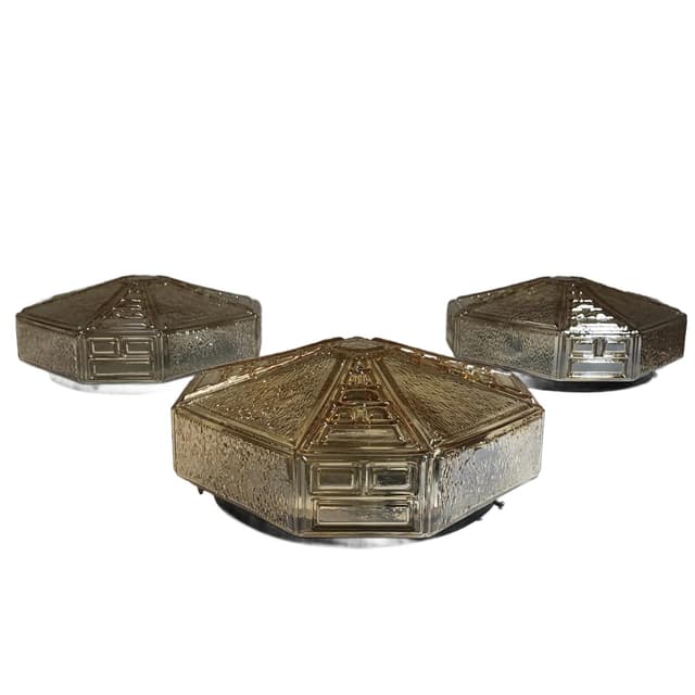 Komplet trzech kinkietów, szkło złoty, stal czarna, Niemcy, lata 70. - WYMIARY