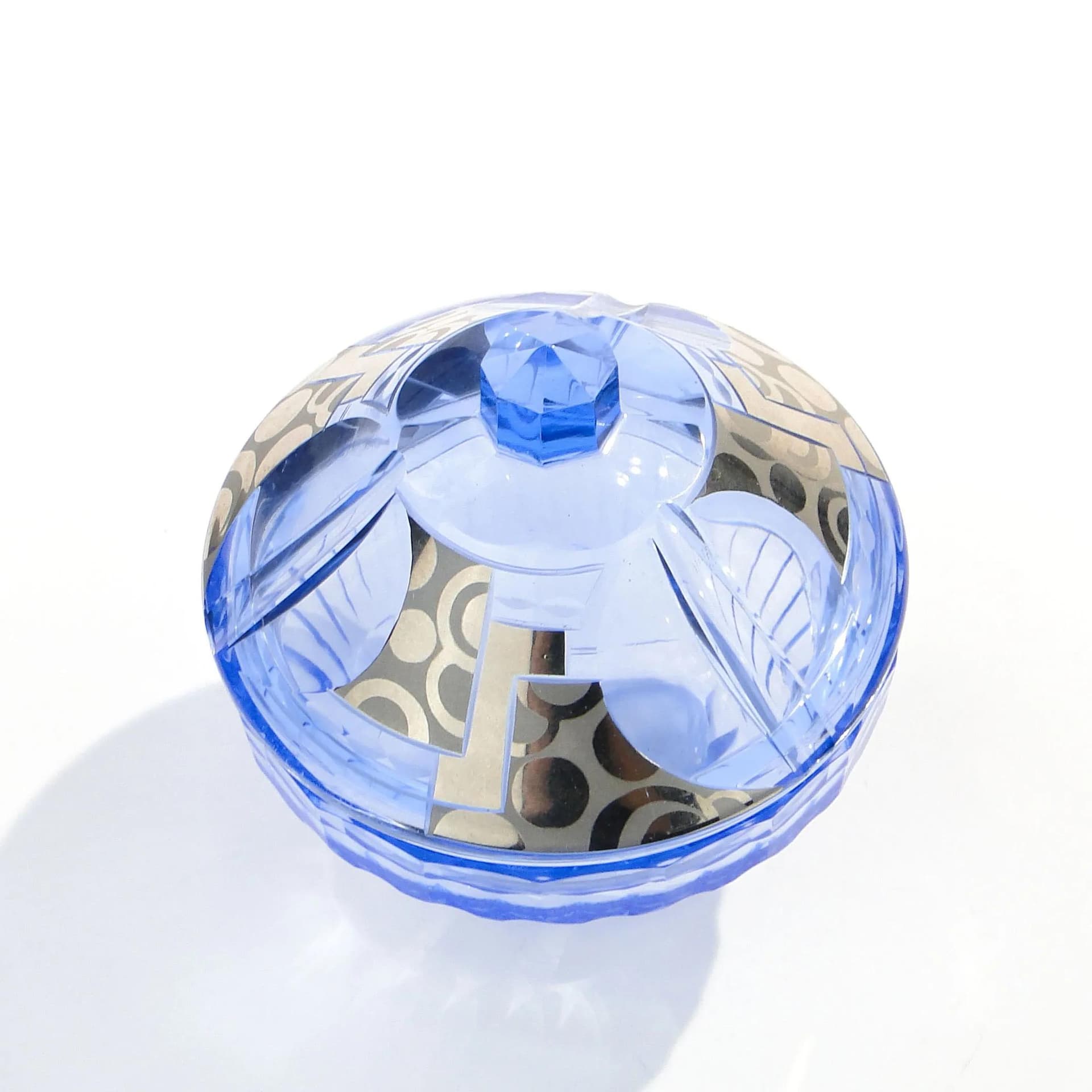 Bomboniera Art déco, szkło kryształowe błękitne, srebro, Moser, Czechosłowacja, lata 30. - 30501