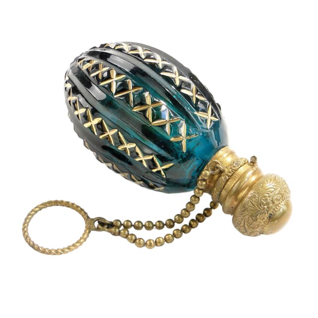 Flakon na perfumy Biedermeier, szkło zielone, Austria, XIX w. - WYMIARY