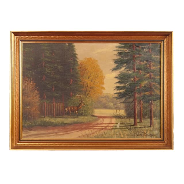 Obraz olejny na płótnie, brąz ciemny, rama drewno, Skandynawia, lata 70. - WYMIARY