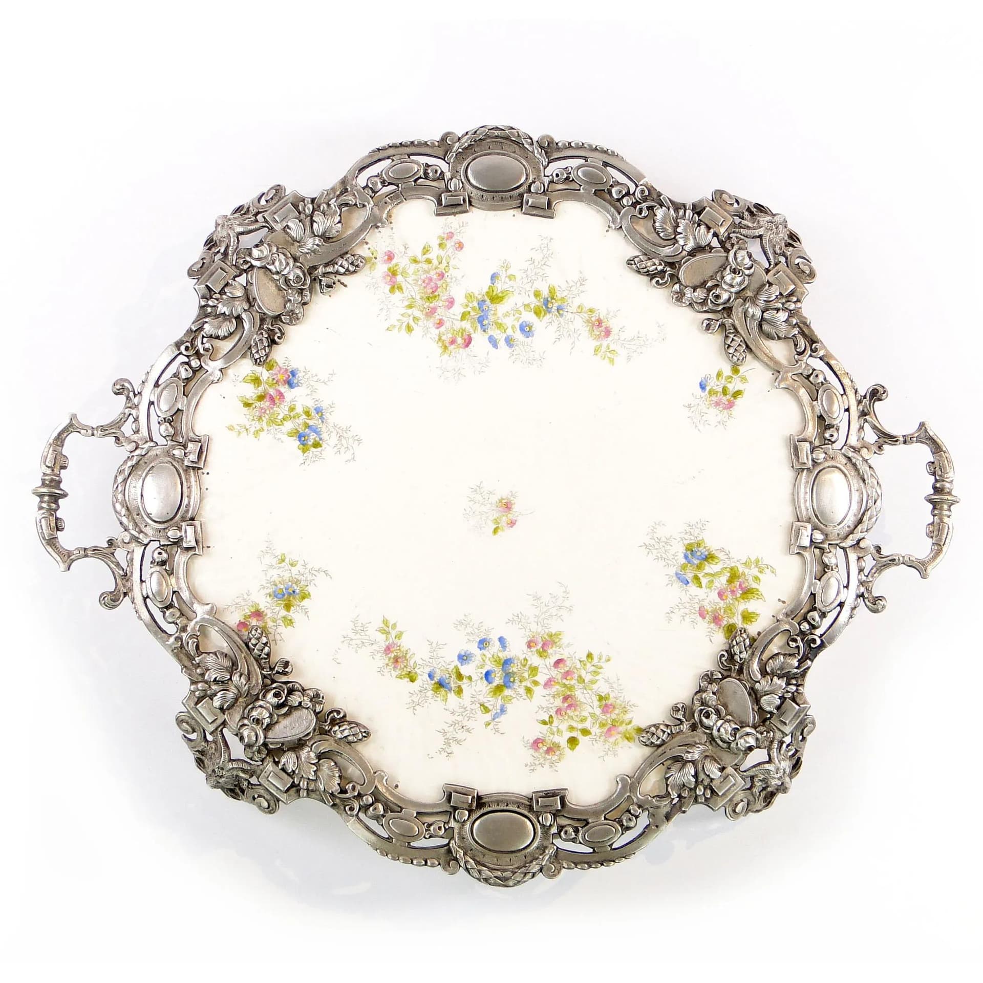 Eclectic Tray, white ceramic, silver metal, Austria, 19th c. - 31191