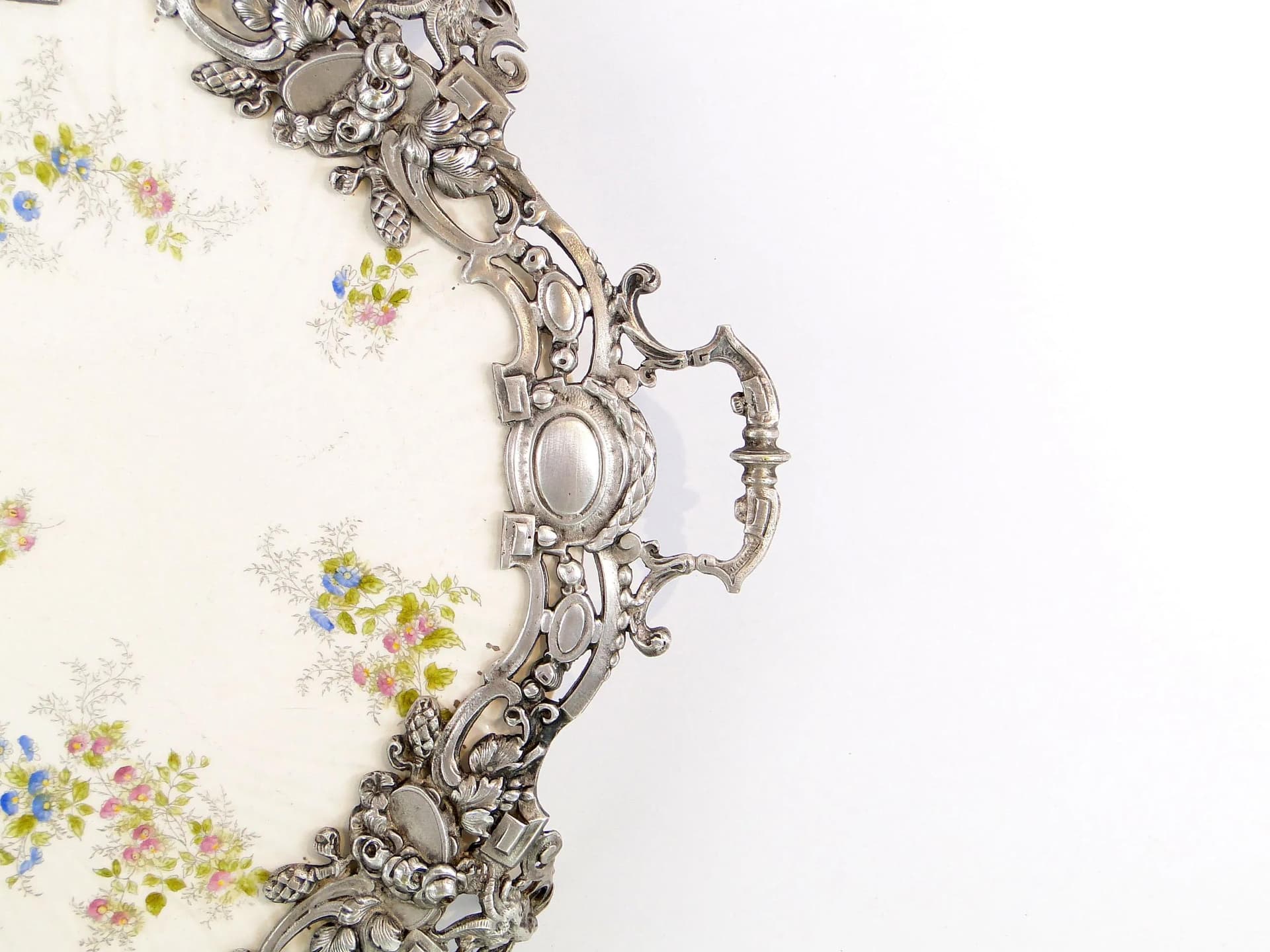 Eclectic Tray, white ceramic, silver metal, Austria, 19th c. - 31193
