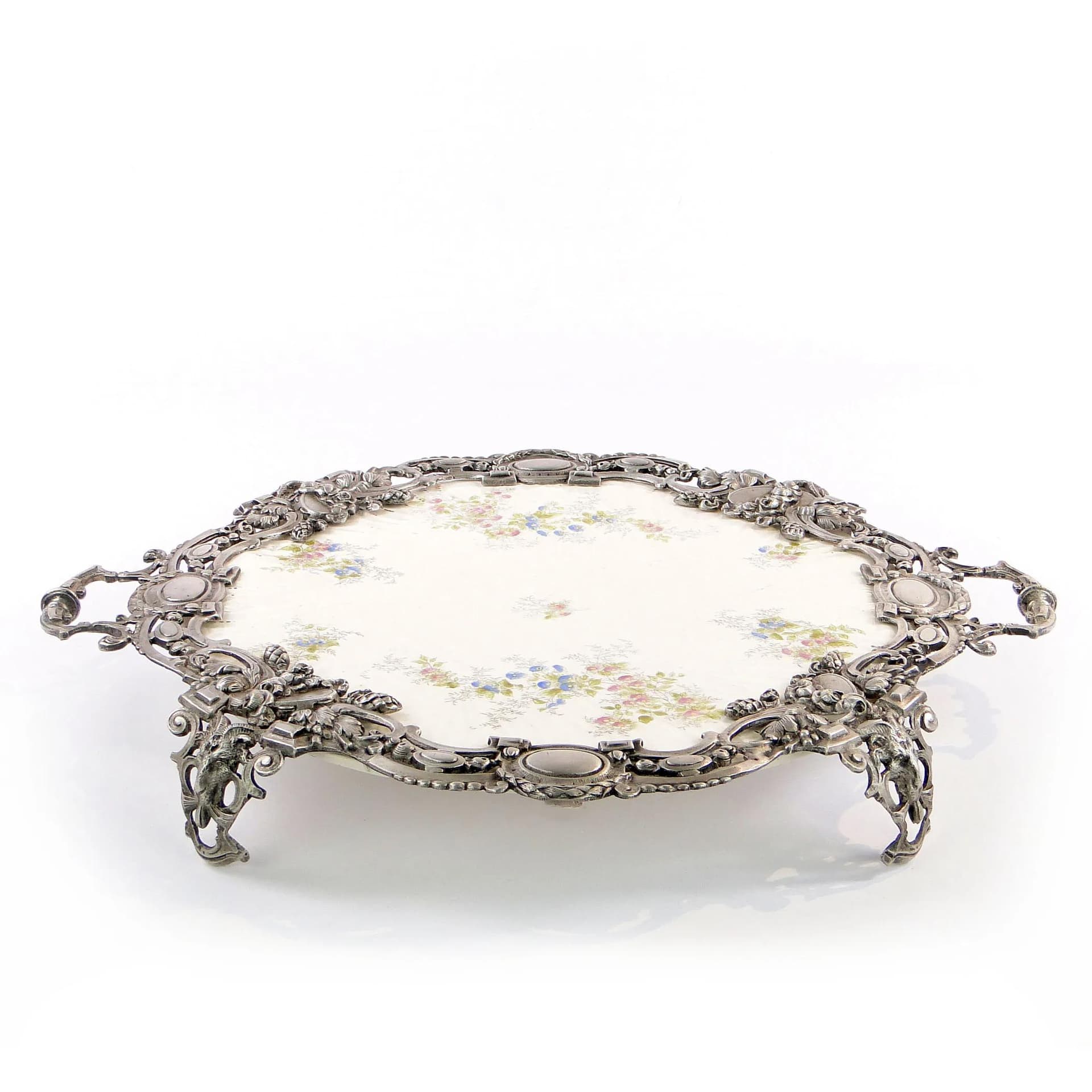 Eclectic Tray, white ceramic, silver metal, Austria, 19th c. - 31190