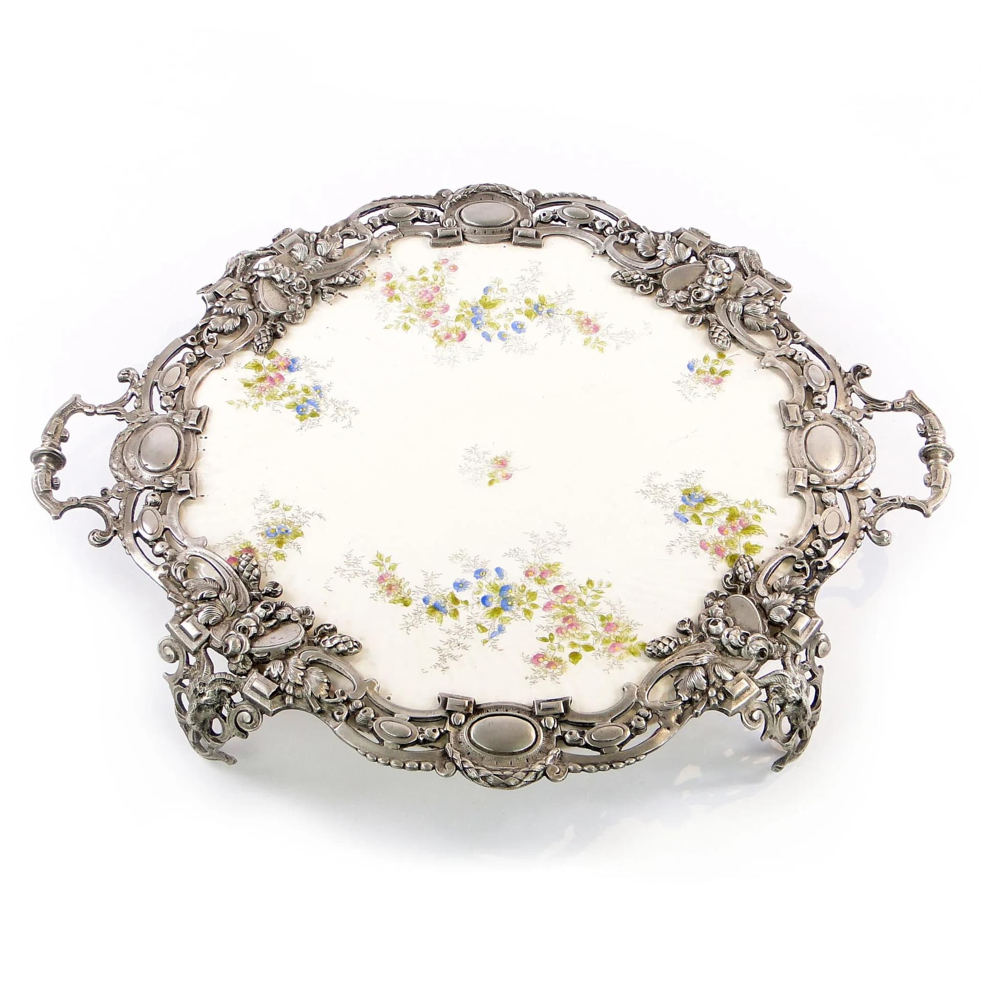 Eclectic Tray, white ceramic, silver metal, Austria, 19th c. - 31189