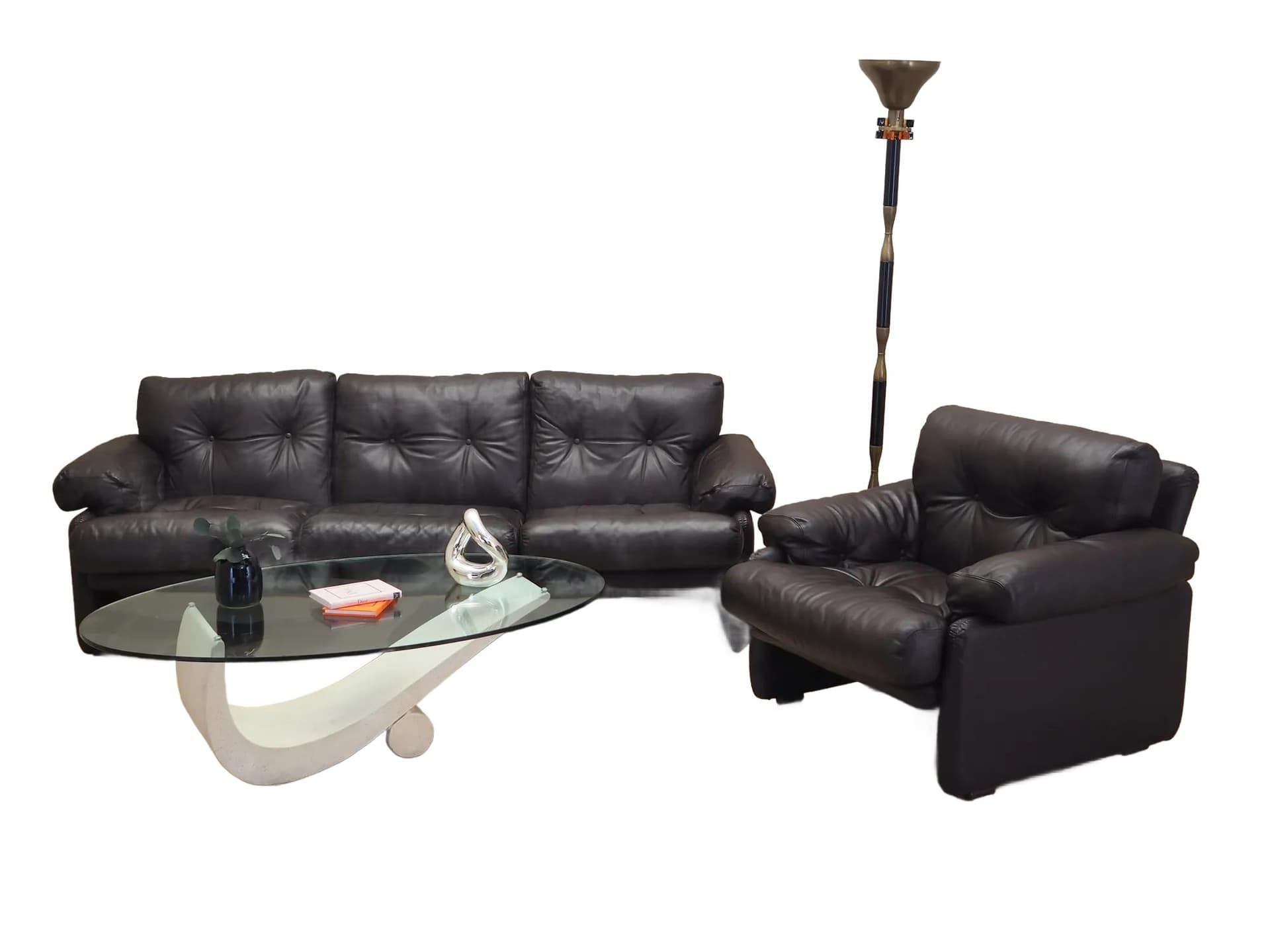 Komplet wypoczynkowy Coronado, skóra brązowa, proj. T. Scarpa, B&B Italia, Włochy, lata 60.