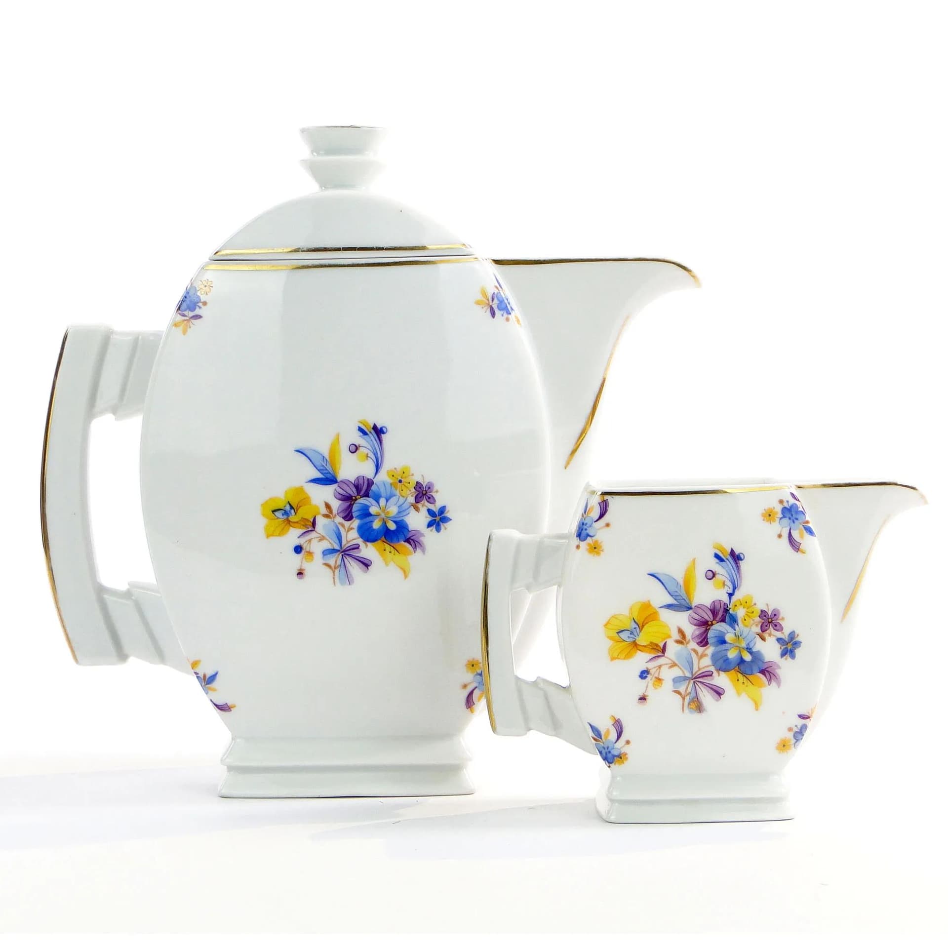 Zestaw dzbanek i mlecznik Płaski, porcelana biała, proj. B. Wendorf, Ćmielów, Polska, lata 30. - 31375