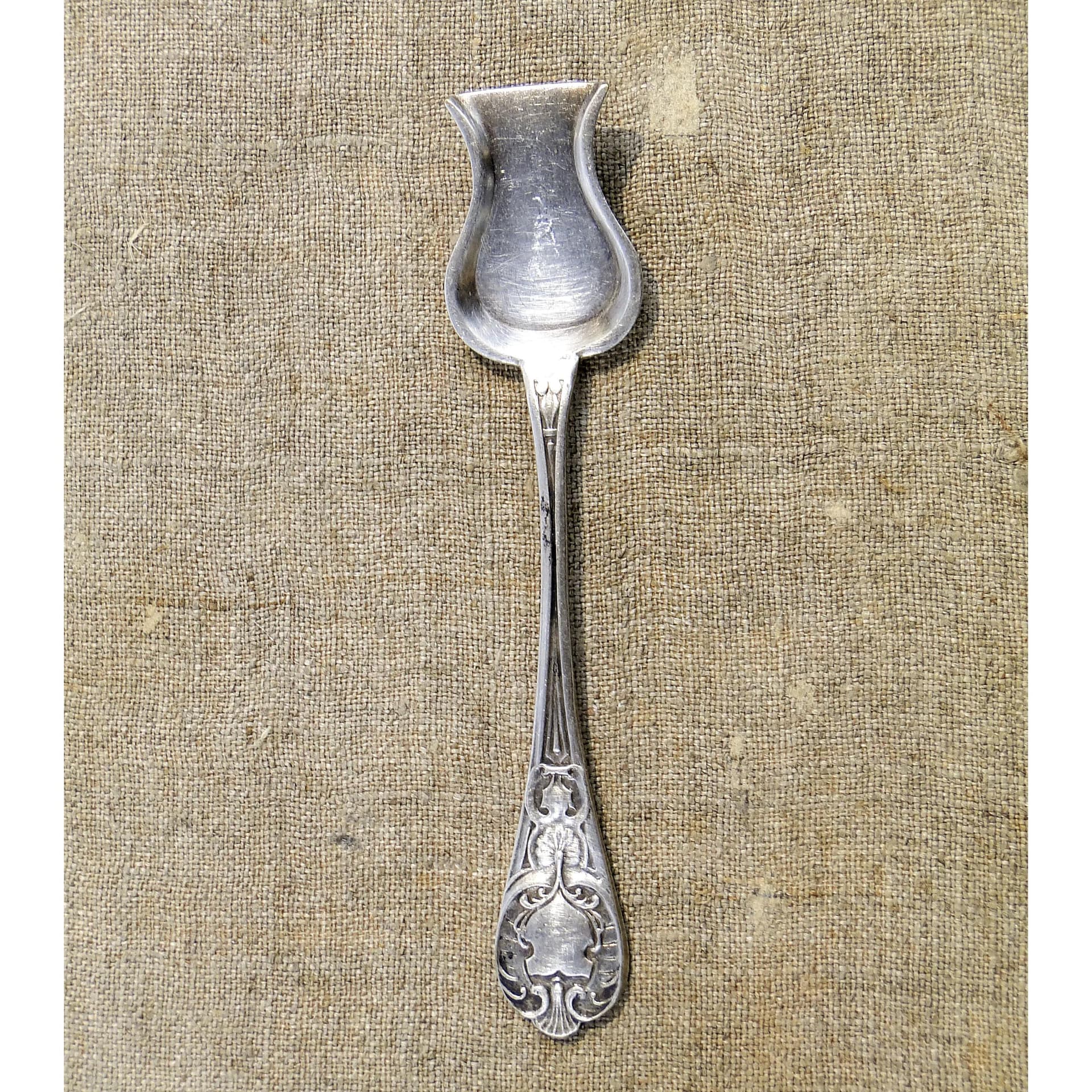 Łyżeczka do soli, secesja, mosiądz srebrzony srebrny, Fraget, Polska, XIX w. - 31368