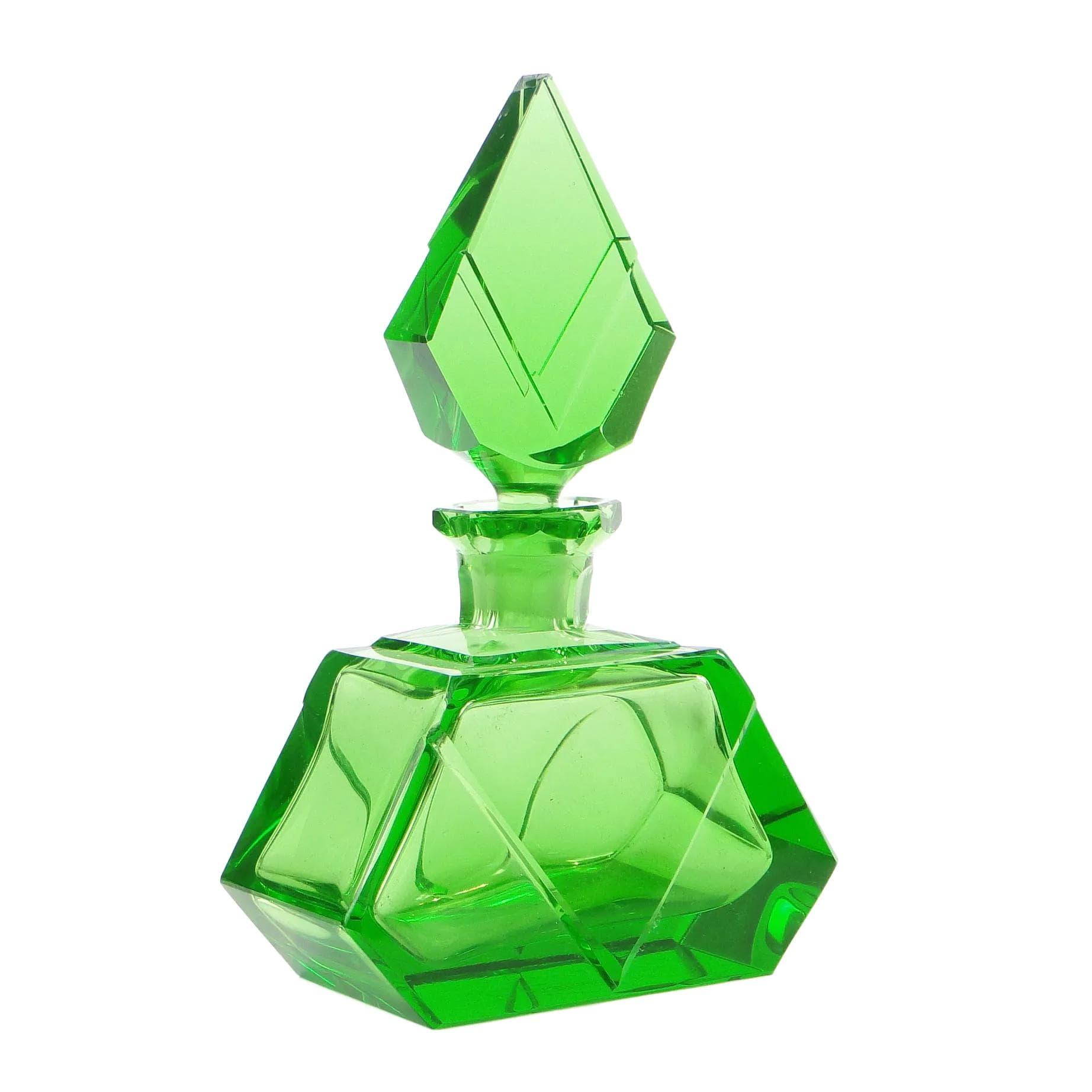 Karafka Art déco, zielone szkło kryształowe, Moser, Czechosłowacja, lata 30.