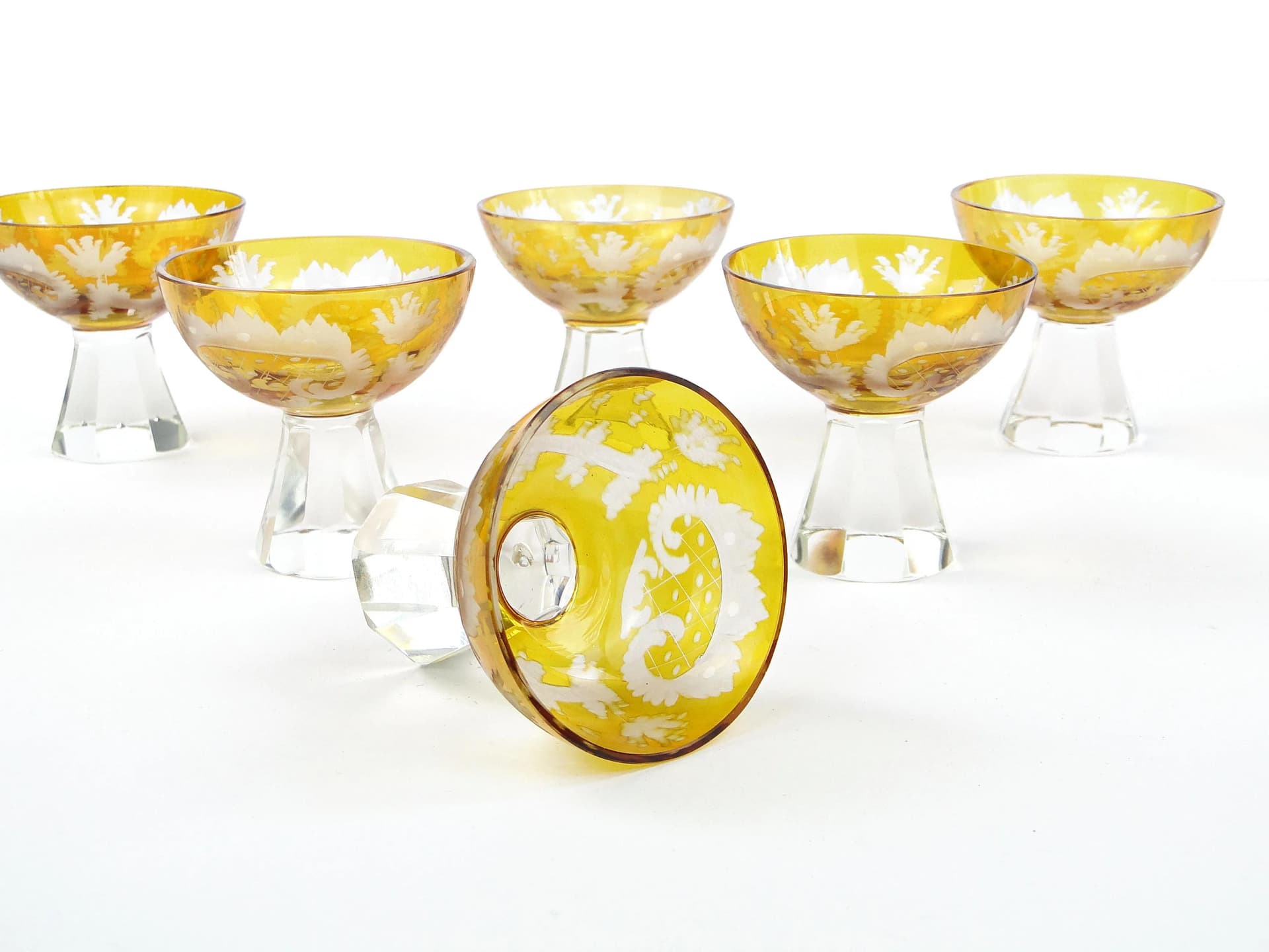 Set of Art Deco Glasses, yellow, crystal, Poland, 1930s - 31712