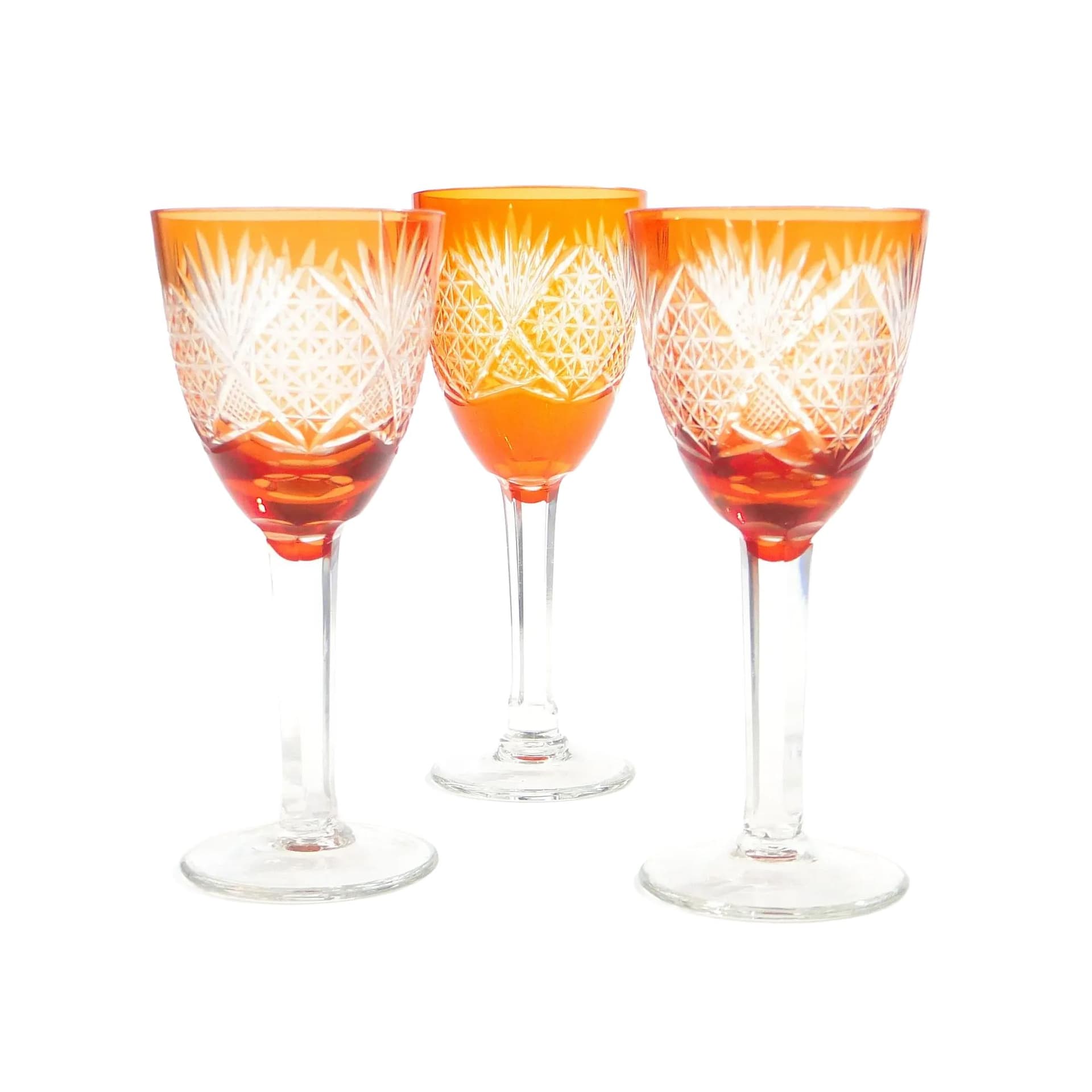 Set of goblets Art Deco, orange crystal, Poland, 1930s.