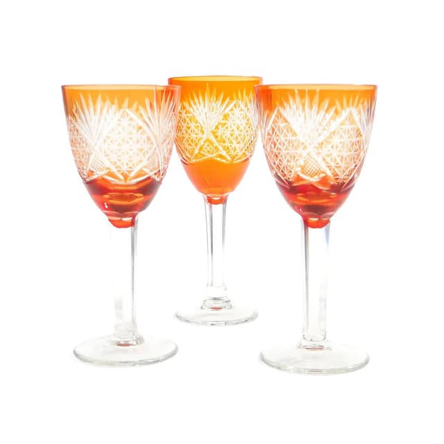 Set of goblets Art Deco, orange crystal, Poland, 1930s. - DIMENSION