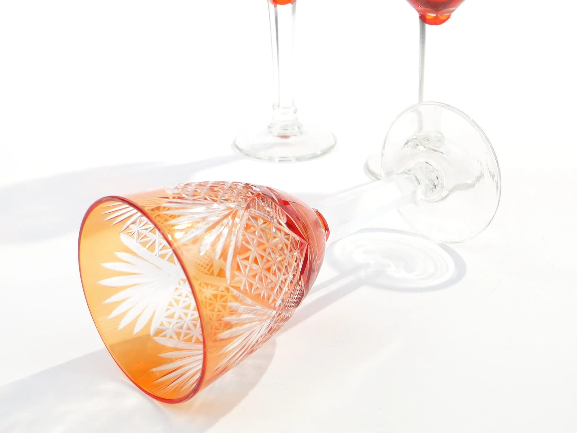 Set of goblets Art Deco, orange crystal, Poland, 1930s. - 31694