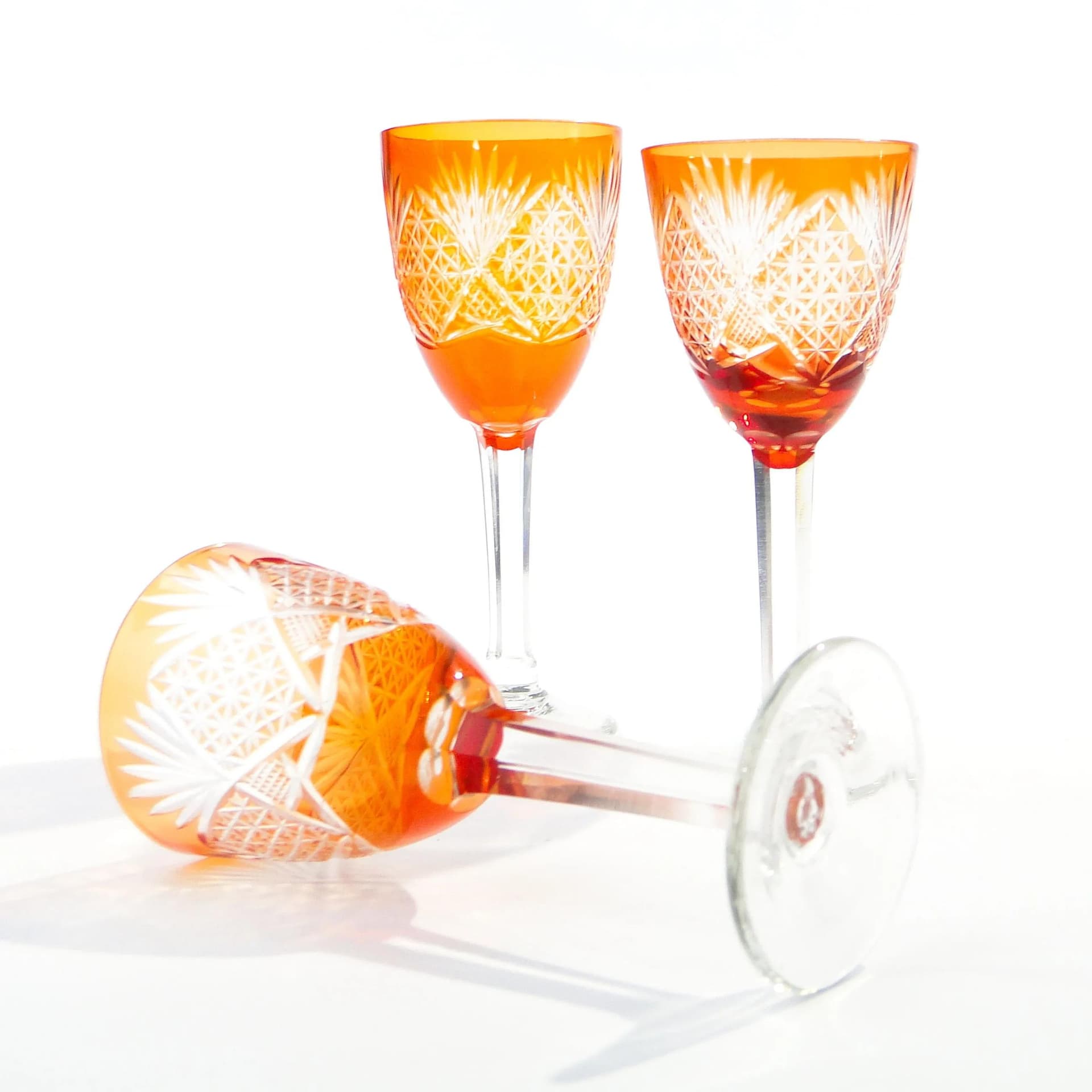 Set of goblets Art Deco, orange crystal, Poland, 1930s. - 31696