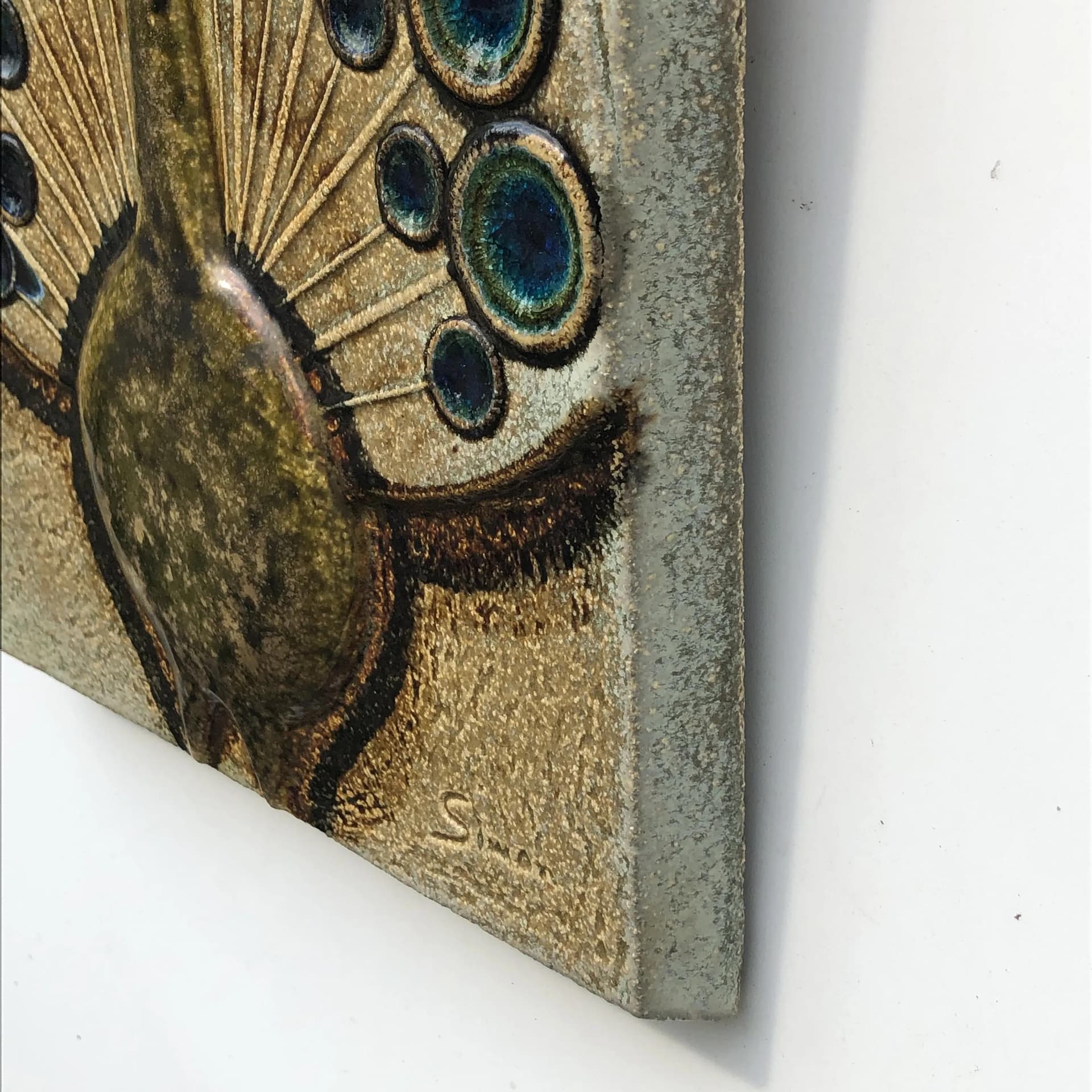 Plakieta ścienna, kamionka beżowy oliwkowy brązowy niebieski turkusowy, proj. J. Simon, Soholm, Dania, lata 60. - 32045