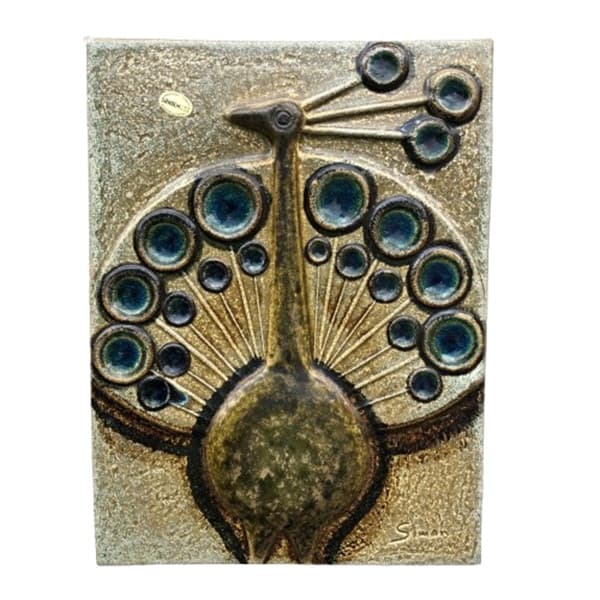 Plakieta ścienna, kamionka beżowy oliwkowy brązowy niebieski turkusowy, proj. J. Simon, Soholm, Dania, lata 60. - WYMIARY