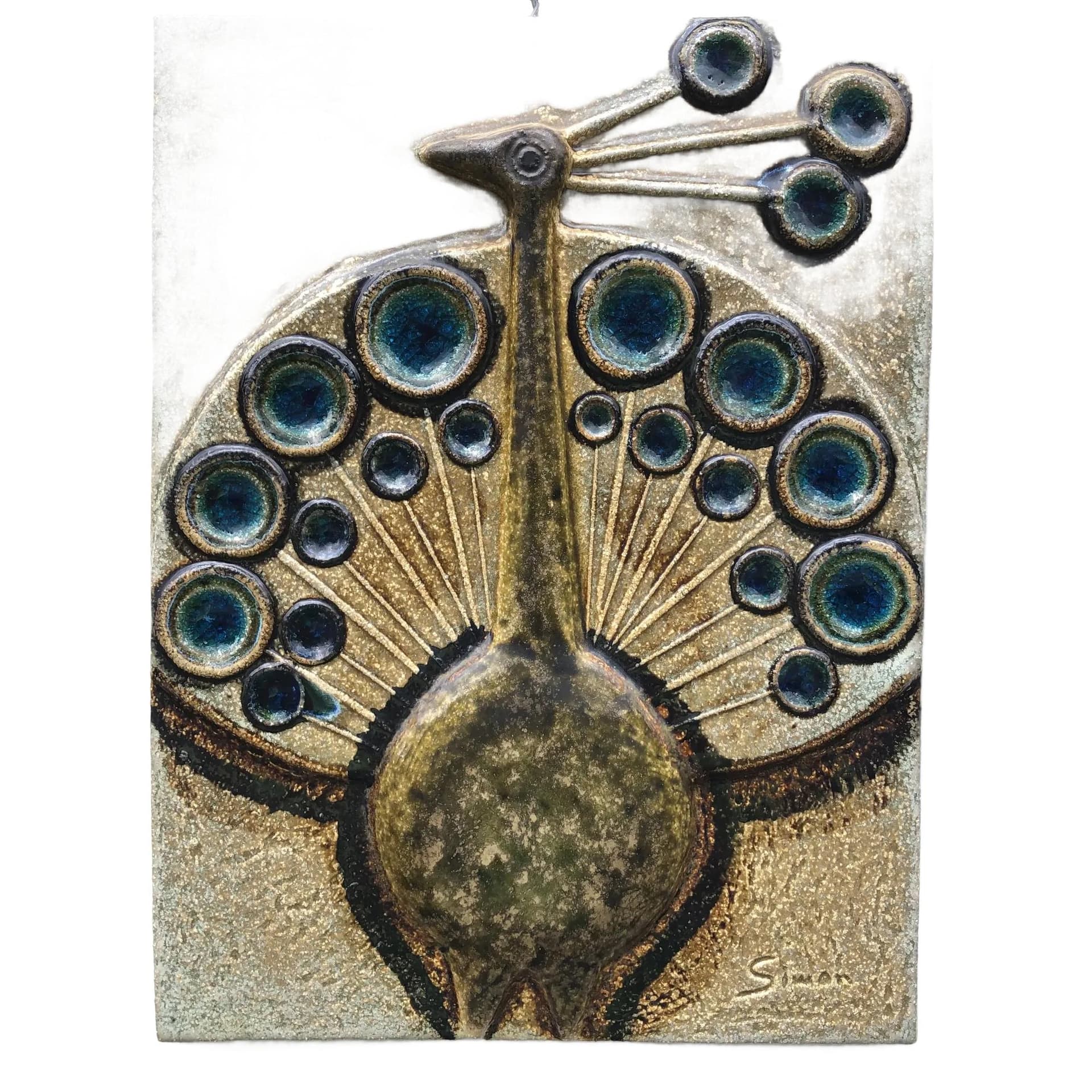 Plakieta ścienna, kamionka beżowy oliwkowy brązowy niebieski turkusowy, proj. J. Simon, Soholm, Dania, lata 60. - 32044