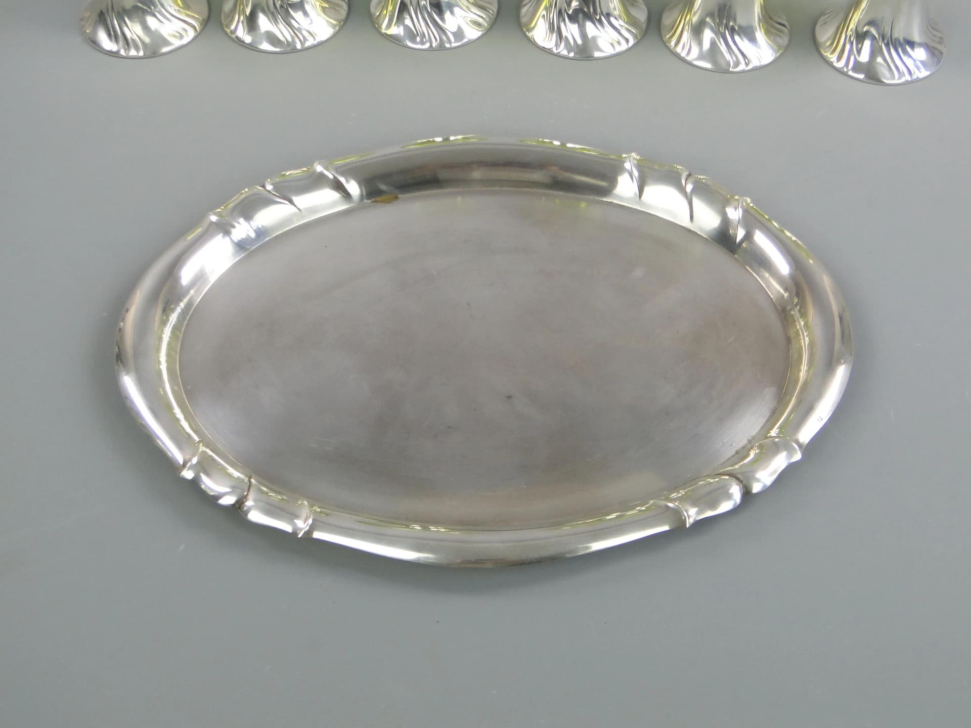 Komplet do wina Art Deco, szkło turkusowe, mosiądz srebrzony, Frantisek Bibus i syn, Czechosłowacja, lata 20. - 32102