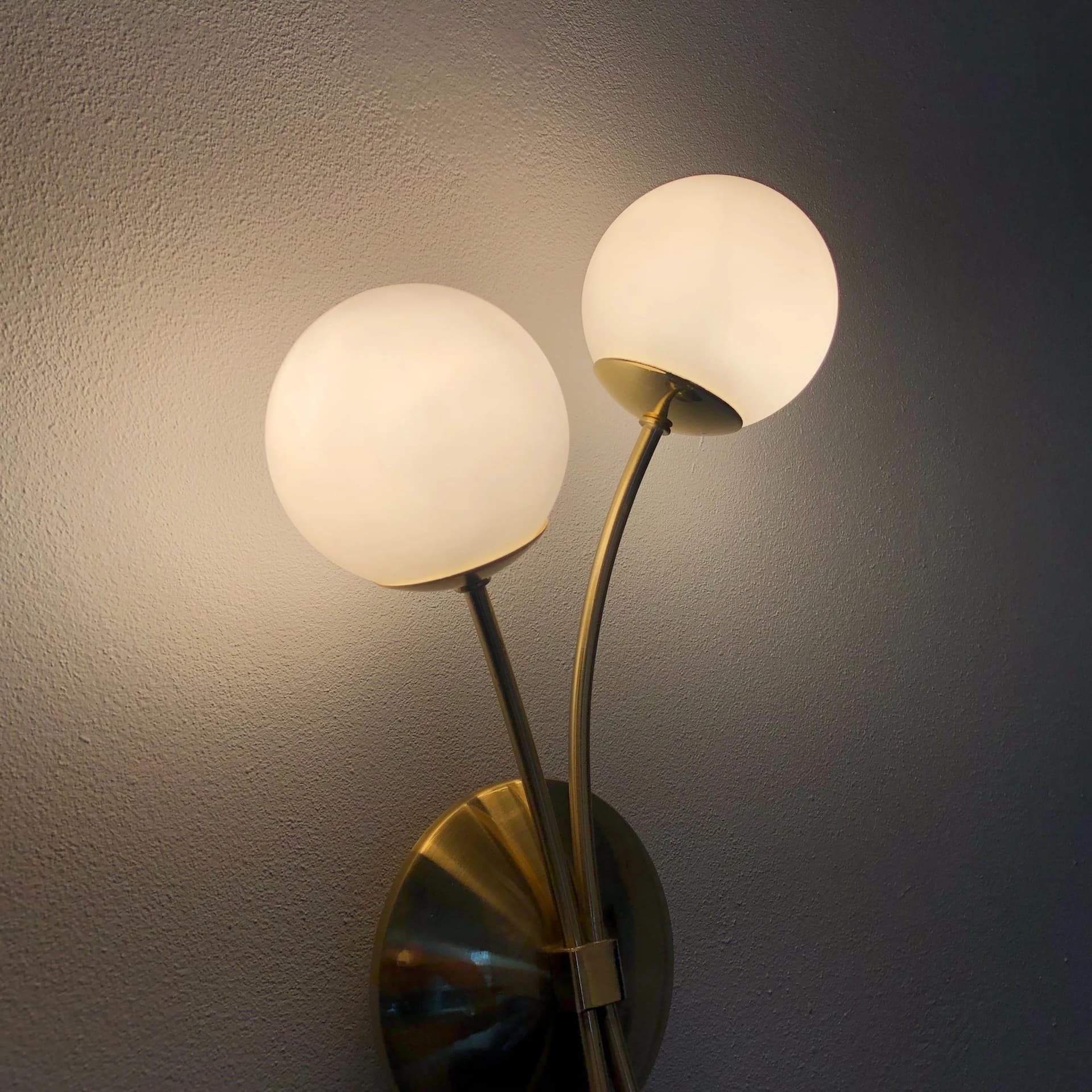 Pair of wall sconces, golden metal, opal glass, Germany, 1990s. - 32029