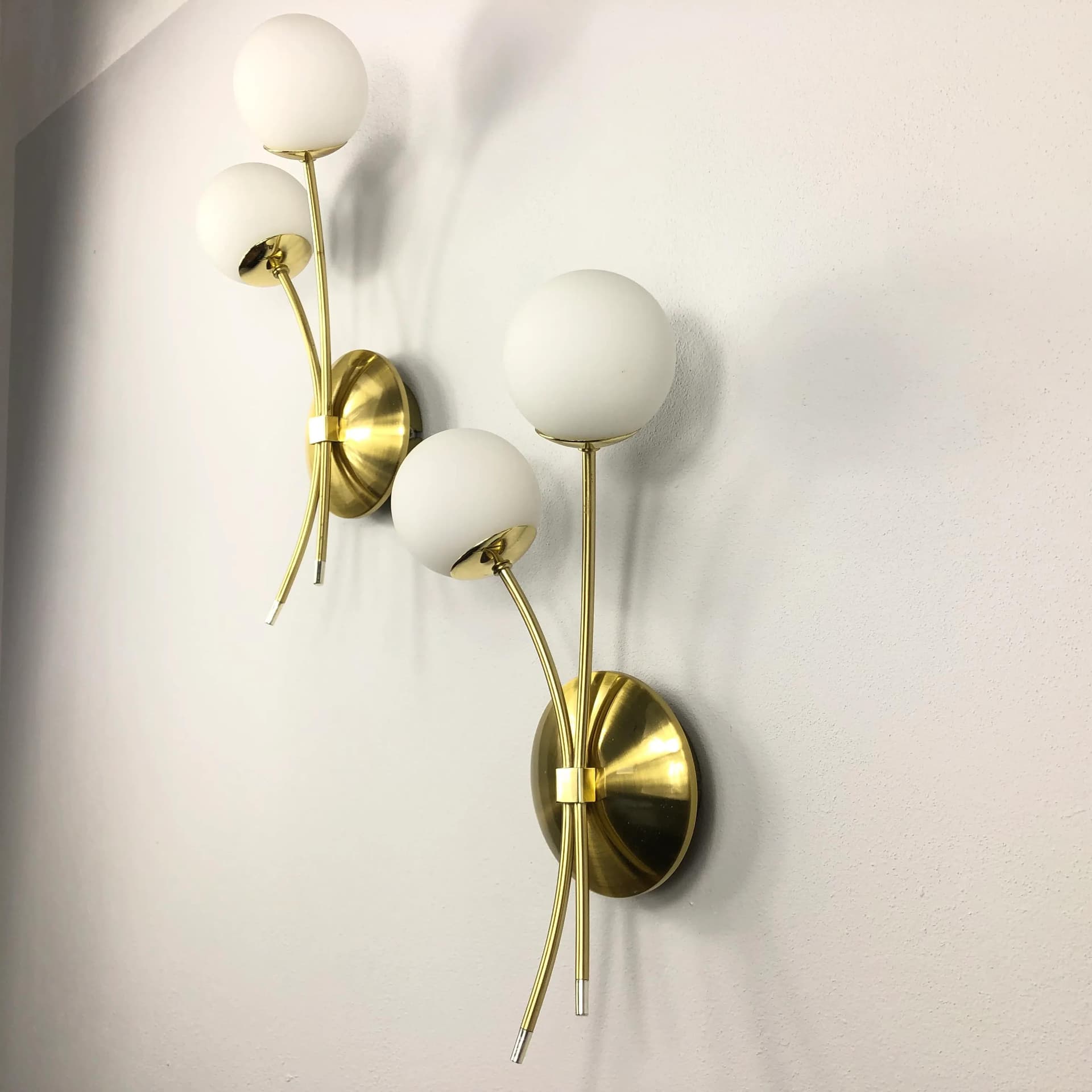 Pair of wall sconces, golden metal, opal glass, Germany, 1990s. - 32031