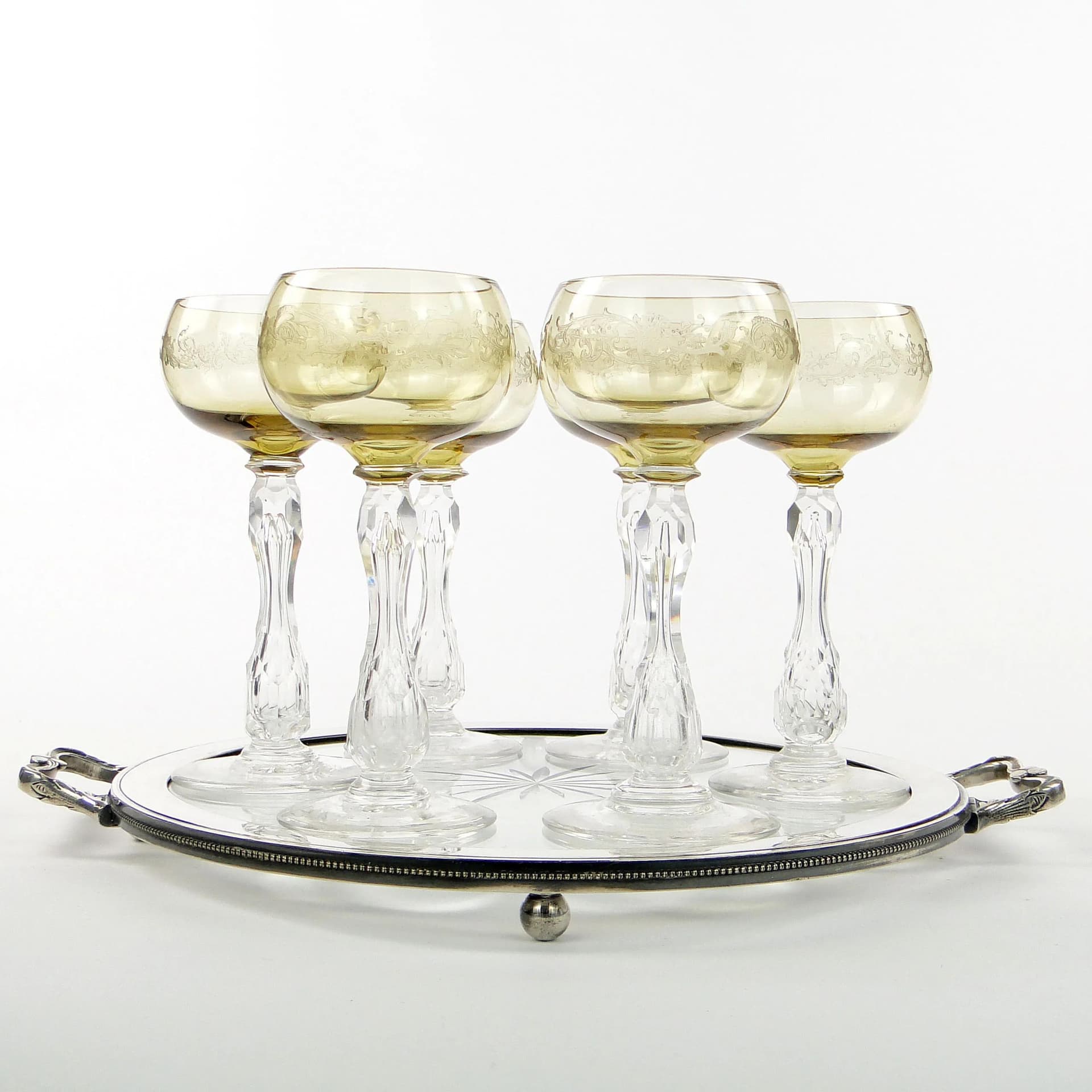 Komplet kieliszków do szampana Olaf, secesja, kryształ złocisty, Villeroy und Boch, Niemcy, początek XX w. - 32536
