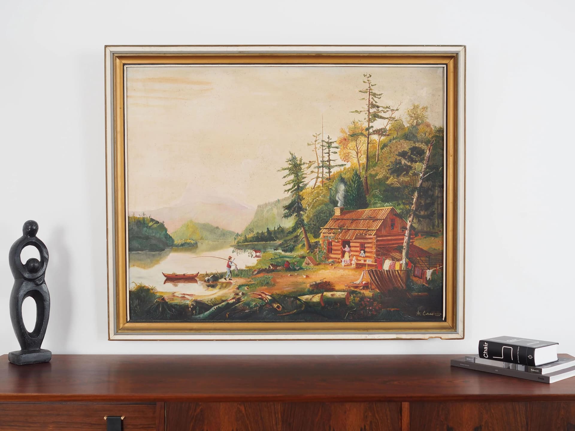 Obraz Powrót wędkarza, żółty, olej na płótnie, rama drewno, aut. A. Enkeshafi, Dania, lata 80. - 32583