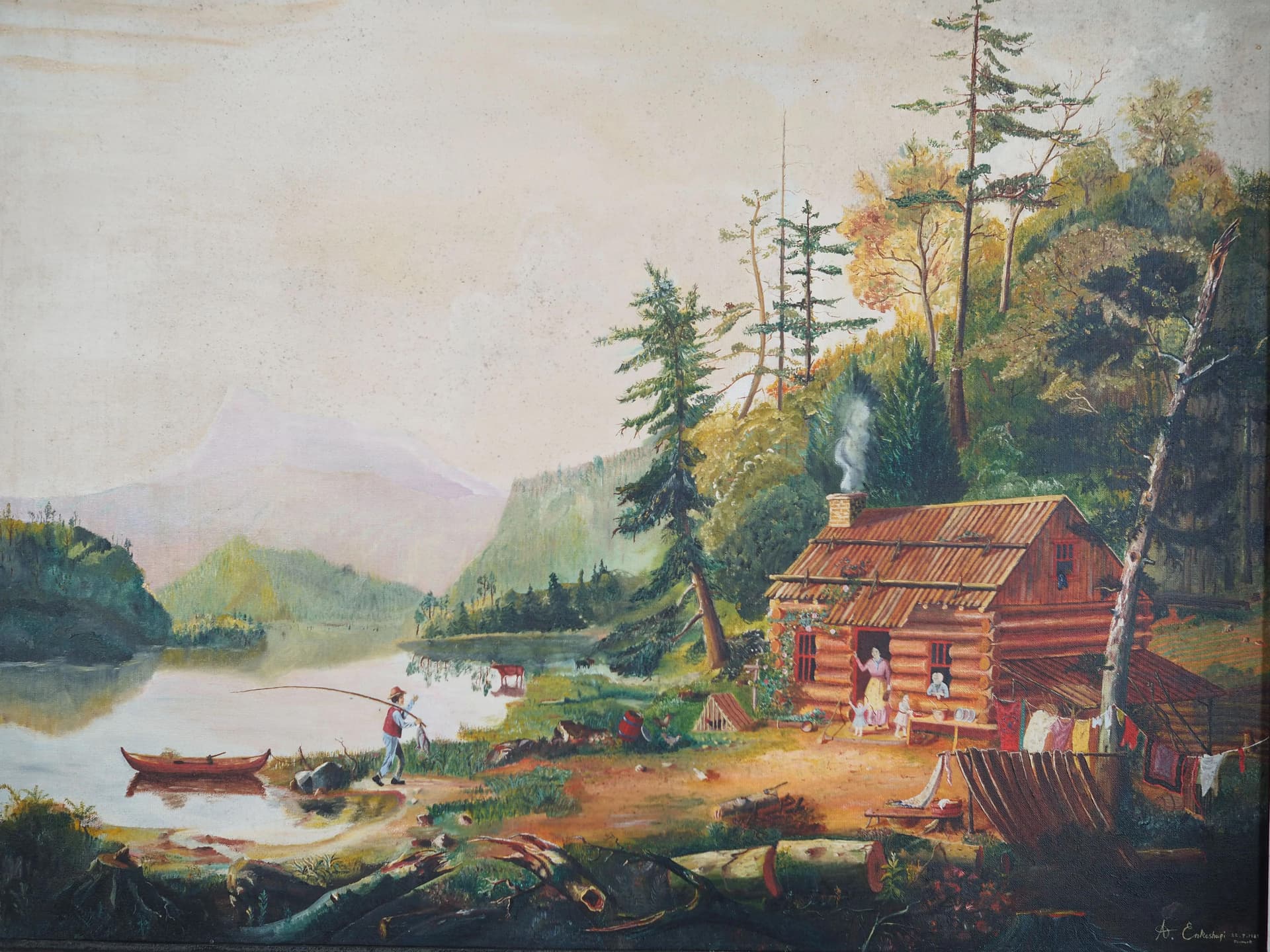 Obraz Powrót wędkarza, żółty, olej na płótnie, rama drewno, aut. A. Enkeshafi, Dania, lata 80. - 32582