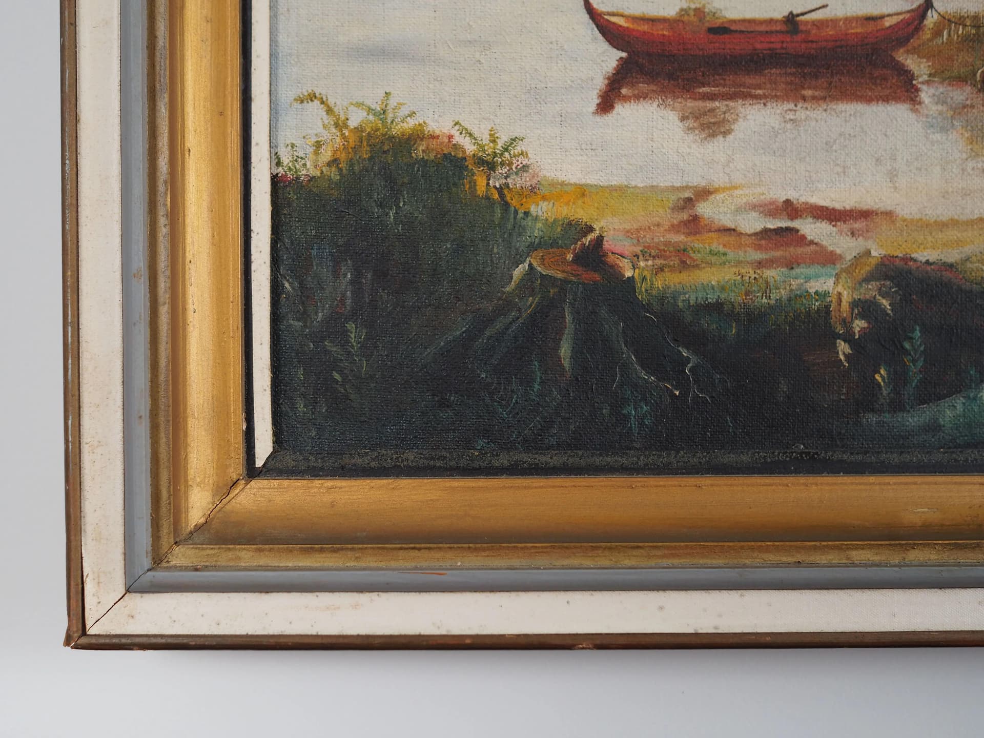 Obraz Powrót wędkarza, żółty, olej na płótnie, rama drewno, aut. A. Enkeshafi, Dania, lata 80. - 32580