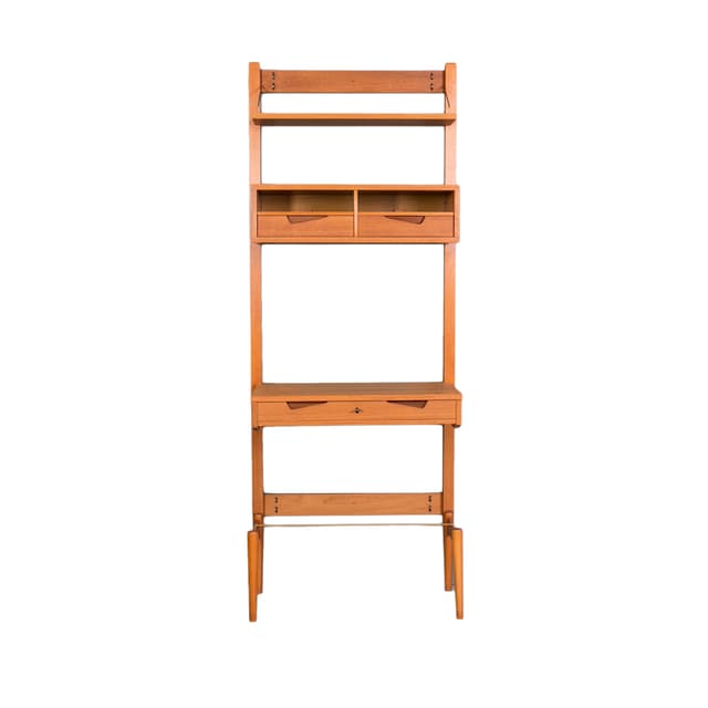 Regał ścienny, teak brązowy, proj. K. Riise, Norwegia, lata 60. - WYMIARY