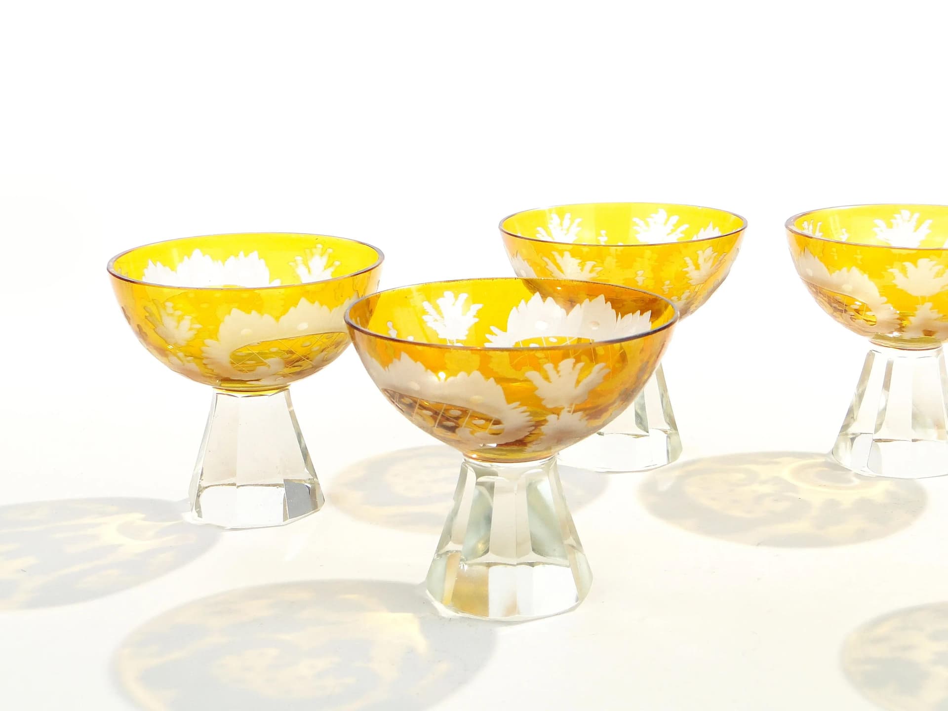 Set of Art Deco liqueur glasses, amber, crystal, Józefina Glassworks, Poland, 1930s - 33260