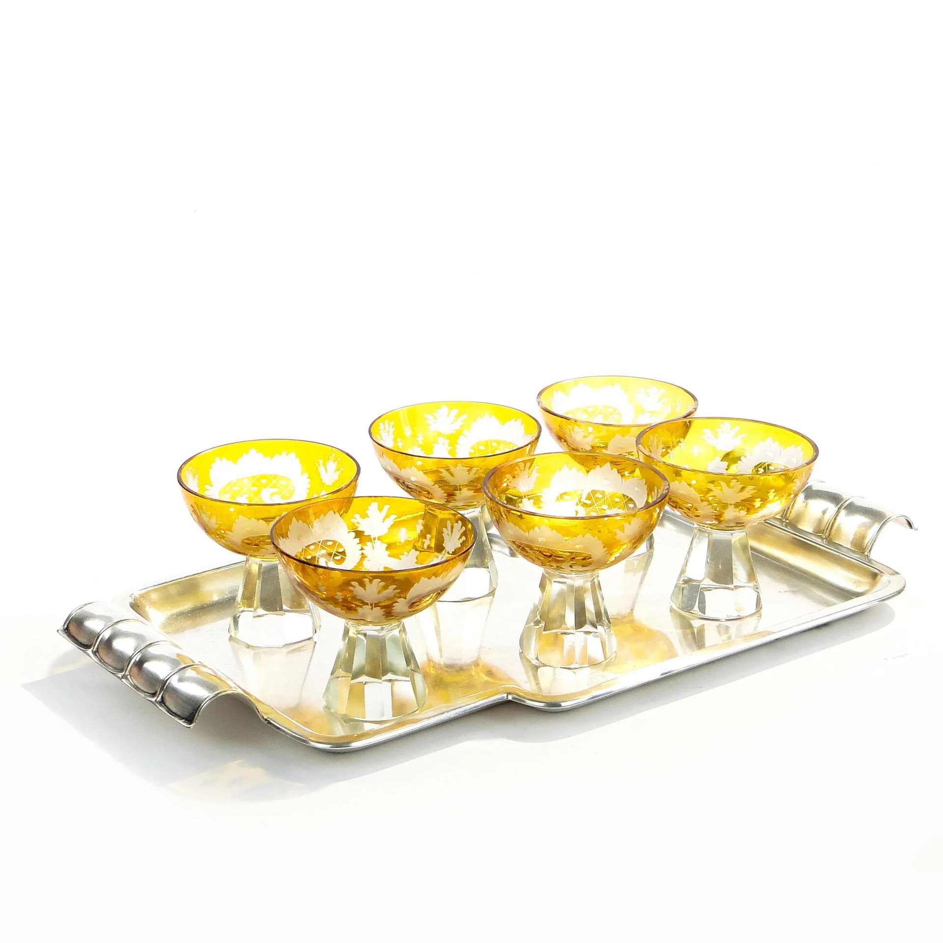 Set of Art Deco liqueur glasses, amber, crystal, Józefina Glassworks, Poland, 1930s - 33257