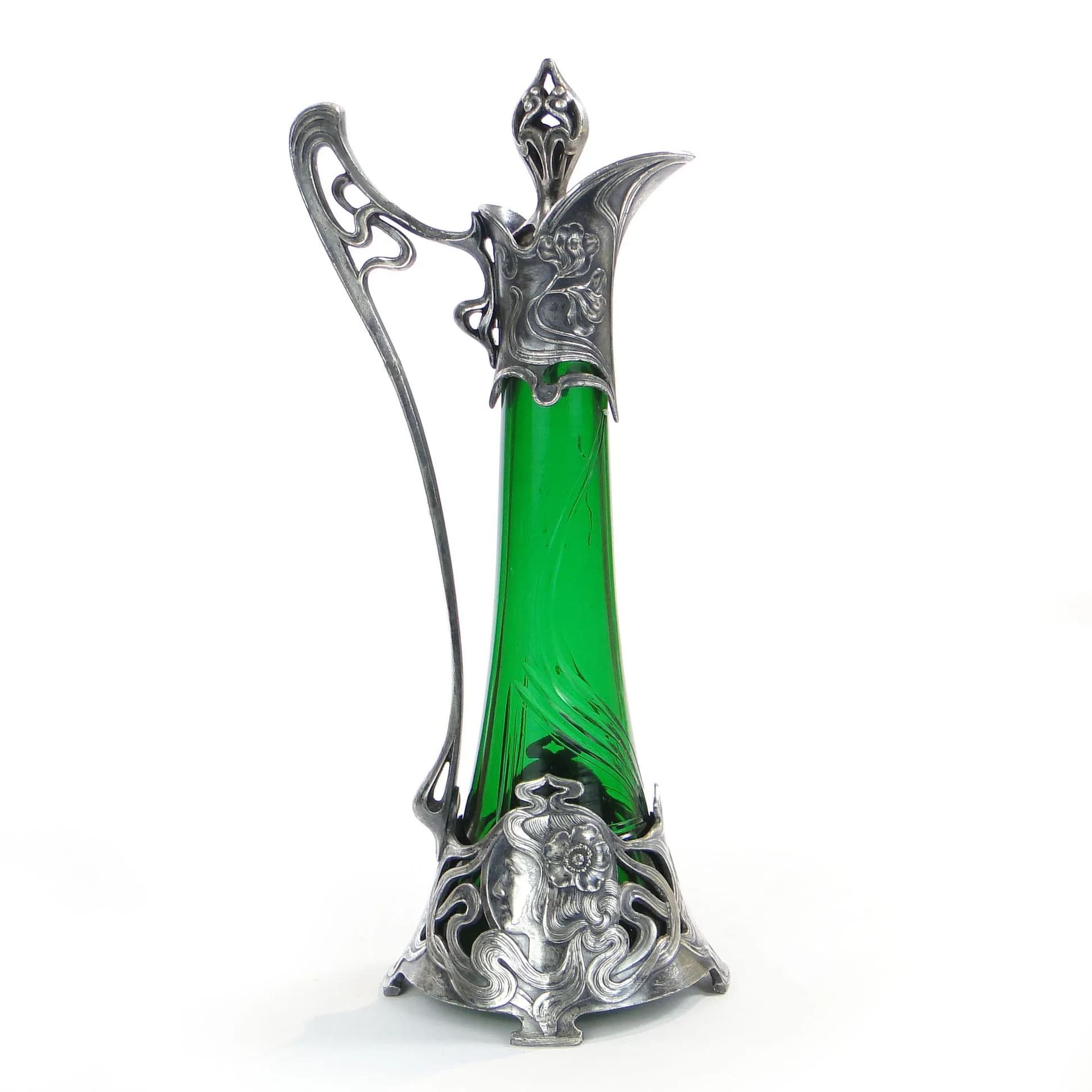 Karafka secesyjna, szkło zielone, cyna srebrzona, proj. A. Mayer, WMF, Niemcy, początek XX w. - 33237
